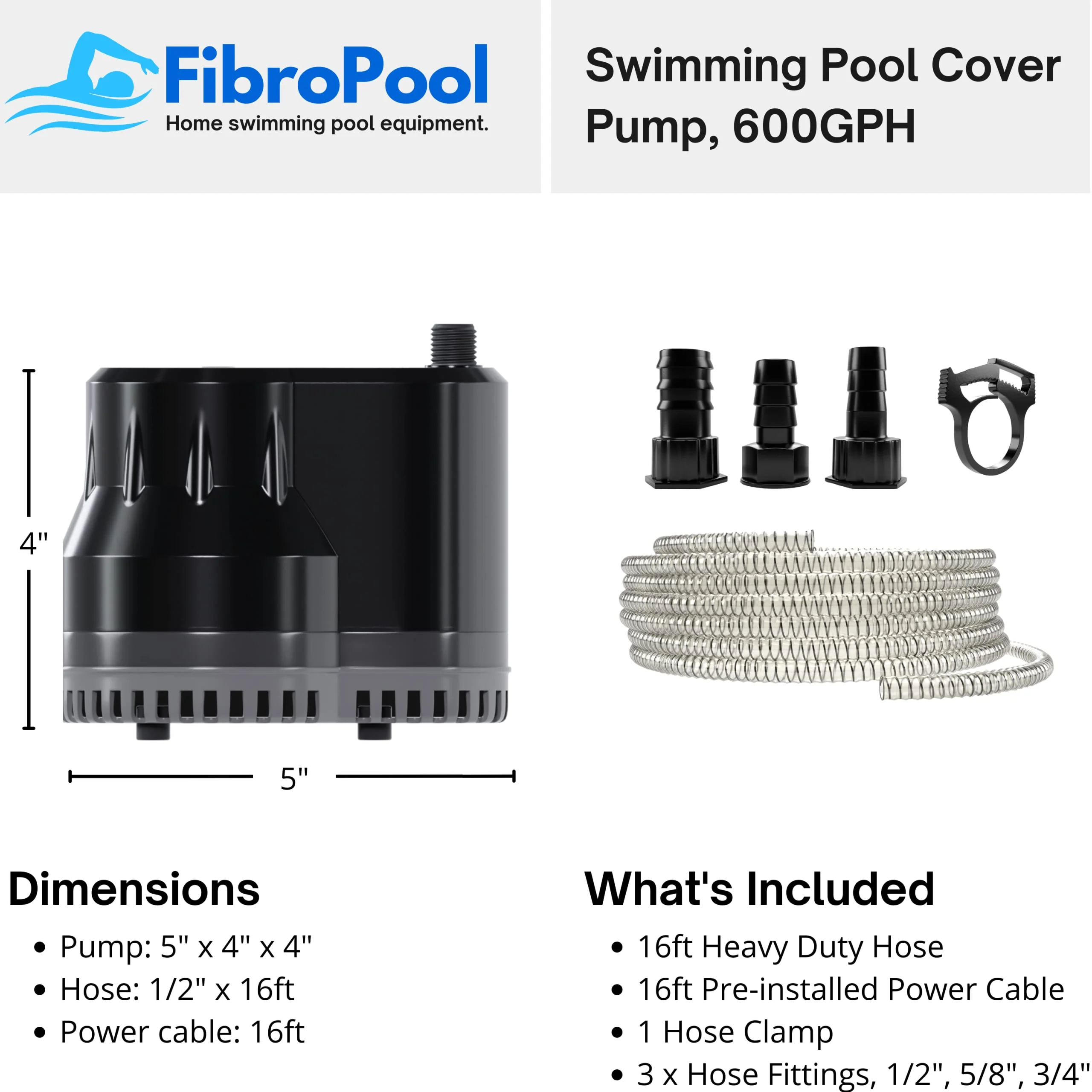 FibroPool Pool Cover Pump - Submersible Electric Utility Water Pumps - 16 Foot Heavy Drain Hose - for All Swimming Pools, Spas and Hot Tubs - Image 6