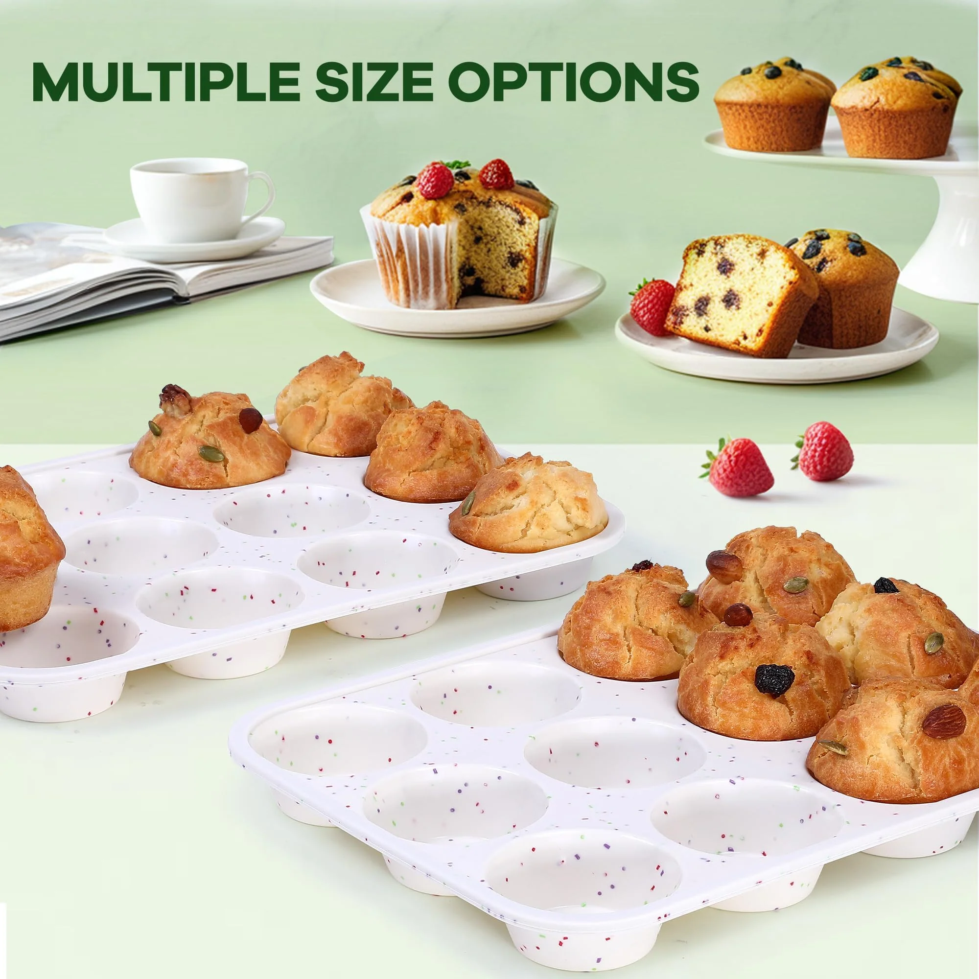 Fimary Muffin Pan - 12 Cups Silicone Muffin Pan Non-Stick Food Grade Silicone Cupcake Pan for Muffins,Tart, BPA Free - Standard Cup Size - Diameter 2.8" Depth 1.2" - Set of 2 Cream With Rainbow Dots - Image 2