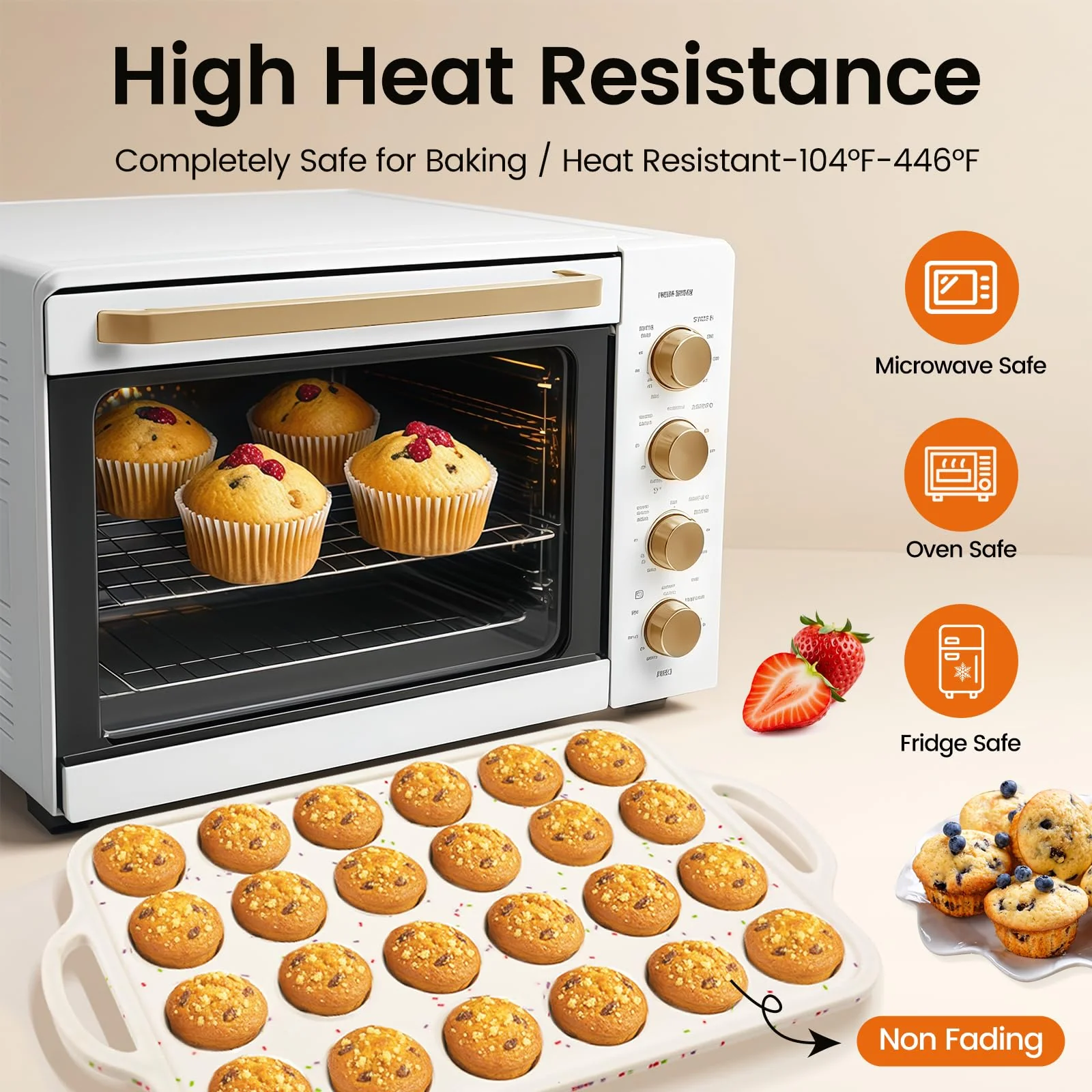 Fimary Muffin Pans With Metal Reinforced Frame - 24 Cups Durable Silicone Baking Pan for Muffins, Cupcakes, BPA Free and Dishwasher Safe - Beige with Rainbow Spots, Set of 2 - Image 4