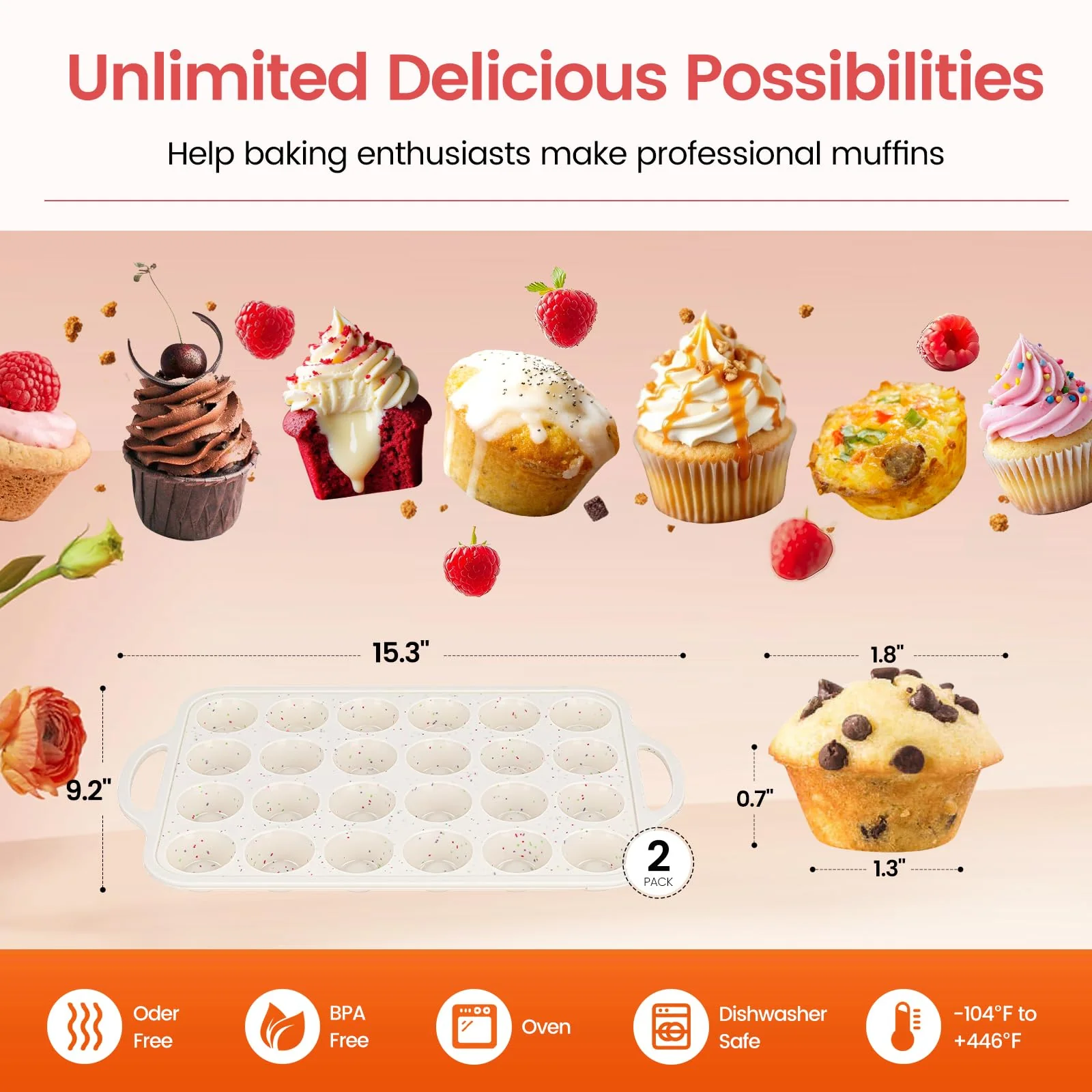 Fimary Muffin Pans With Metal Reinforced Frame - 24 Cups Durable Silicone Baking Pan for Muffins, Cupcakes, BPA Free and Dishwasher Safe - Beige with Rainbow Spots, Set of 2 - Image 6