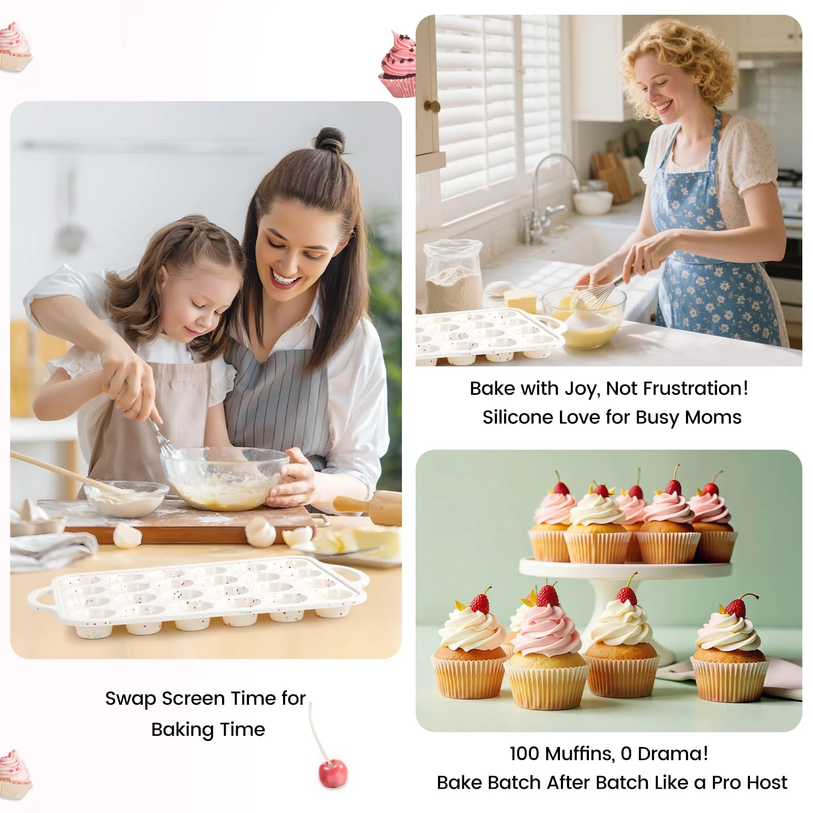 Fimary Silicone Muffin Pan with Metal Reinforced Frame - 12 Cups Muffin Pan With 24 Cups for Homemade Muffins, Cupcakes, Oven and Dishwasher Safe - Set of 2, Rainbow Dots - Image 2