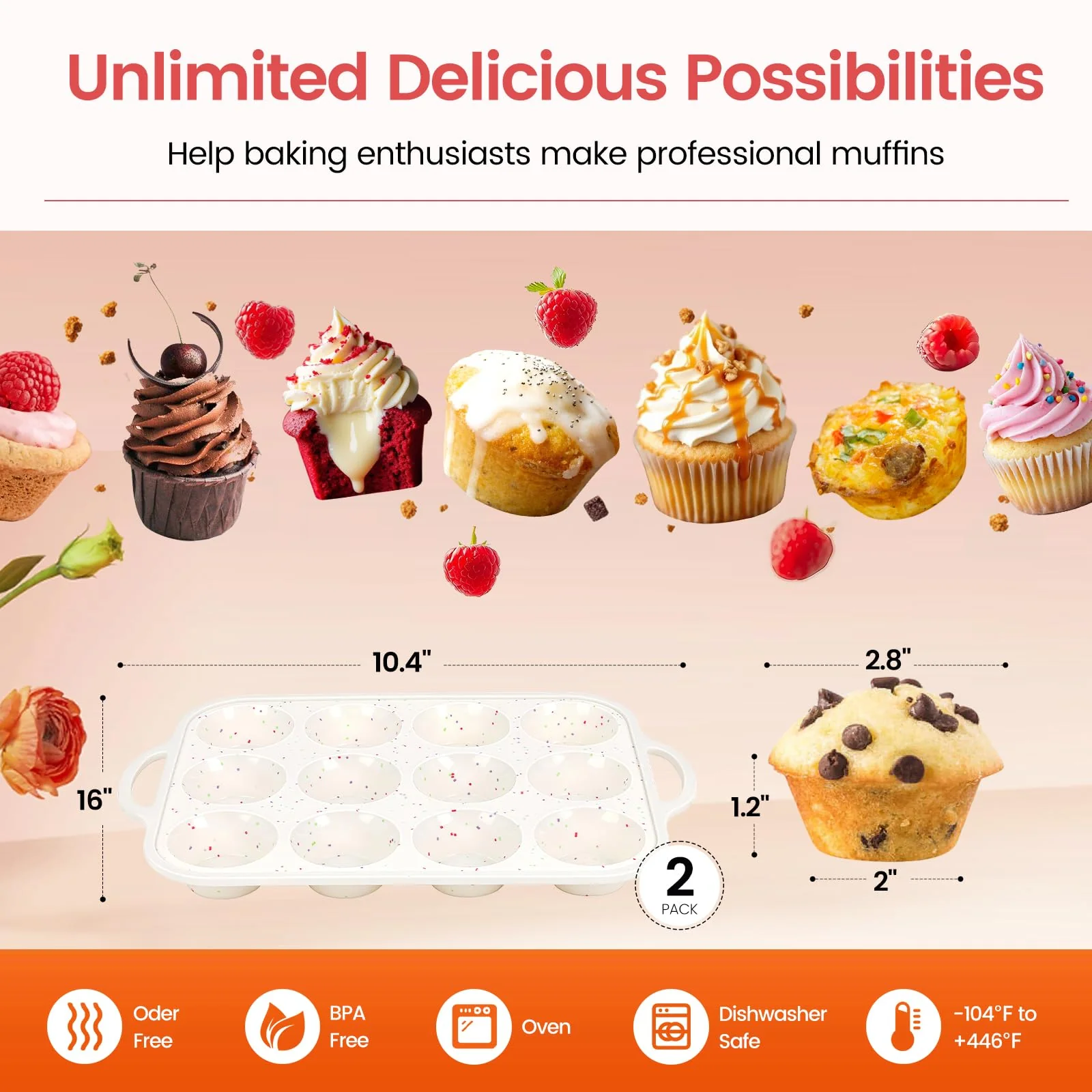 Fimary Silicone Muffin Pan with Metal Reinforced Frame - 12 Cups Muffin Pan With 24 Cups for Homemade Muffins, Cupcakes, Oven and Dishwasher Safe - Set of 2, Rainbow Dots - Image 6