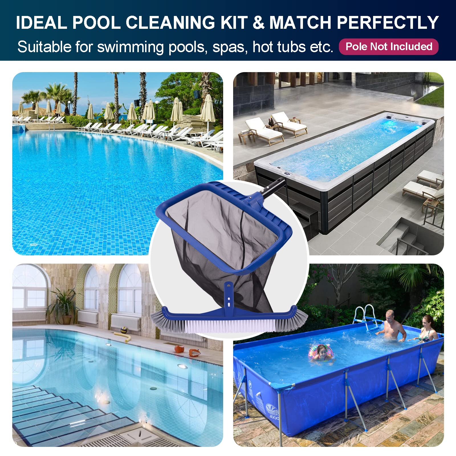 Fine Mesh Pool Net & Brush Head Combo - Sturdy Skimmer with 17.5" Professional Brushes for Pool Wall Cleaning - Image 2