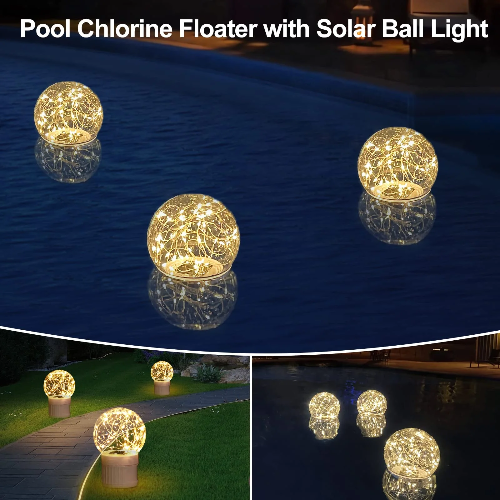 FineBud Pool Chlorine Floater with Solar Ball Lights, Floating Pool Chlorines Dispenser for 4x3” Chlorine Tablets, Easy Opening chlorines Tablet Holder Floater, Anti-Sinking Spa Chemical Dispenser - Image 2