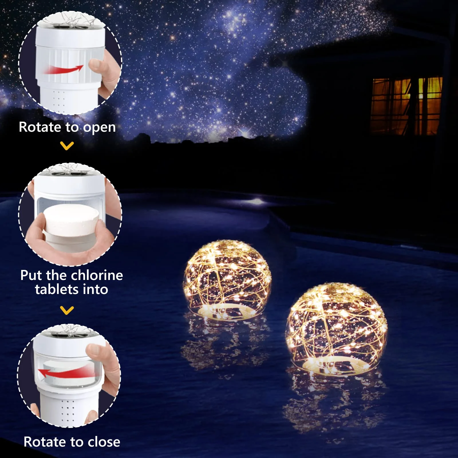 FineBud Pool Chlorine Floater with Solar Ball Lights, Floating Pool Chlorines Dispenser for 4x3” Chlorine Tablets, Easy Opening chlorines Tablet Holder Floater, Anti-Sinking Spa Chemical Dispenser - Image 5