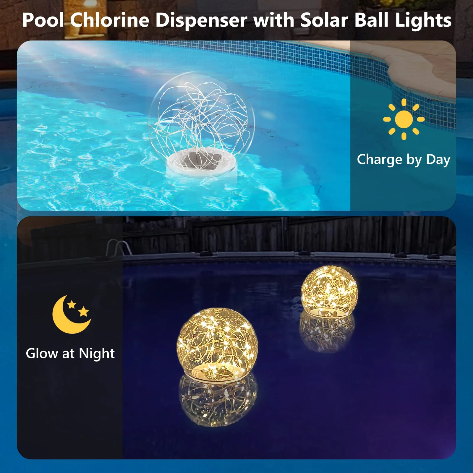 FineBud Pool Chlorine Floater with Solar Ball Lights, Floating Pool Chlorines Dispenser for 4x3” Chlorine Tablets, Easy Opening chlorines Tablet Holder Floater, Anti-Sinking Spa Chemical Dispenser - Image 7