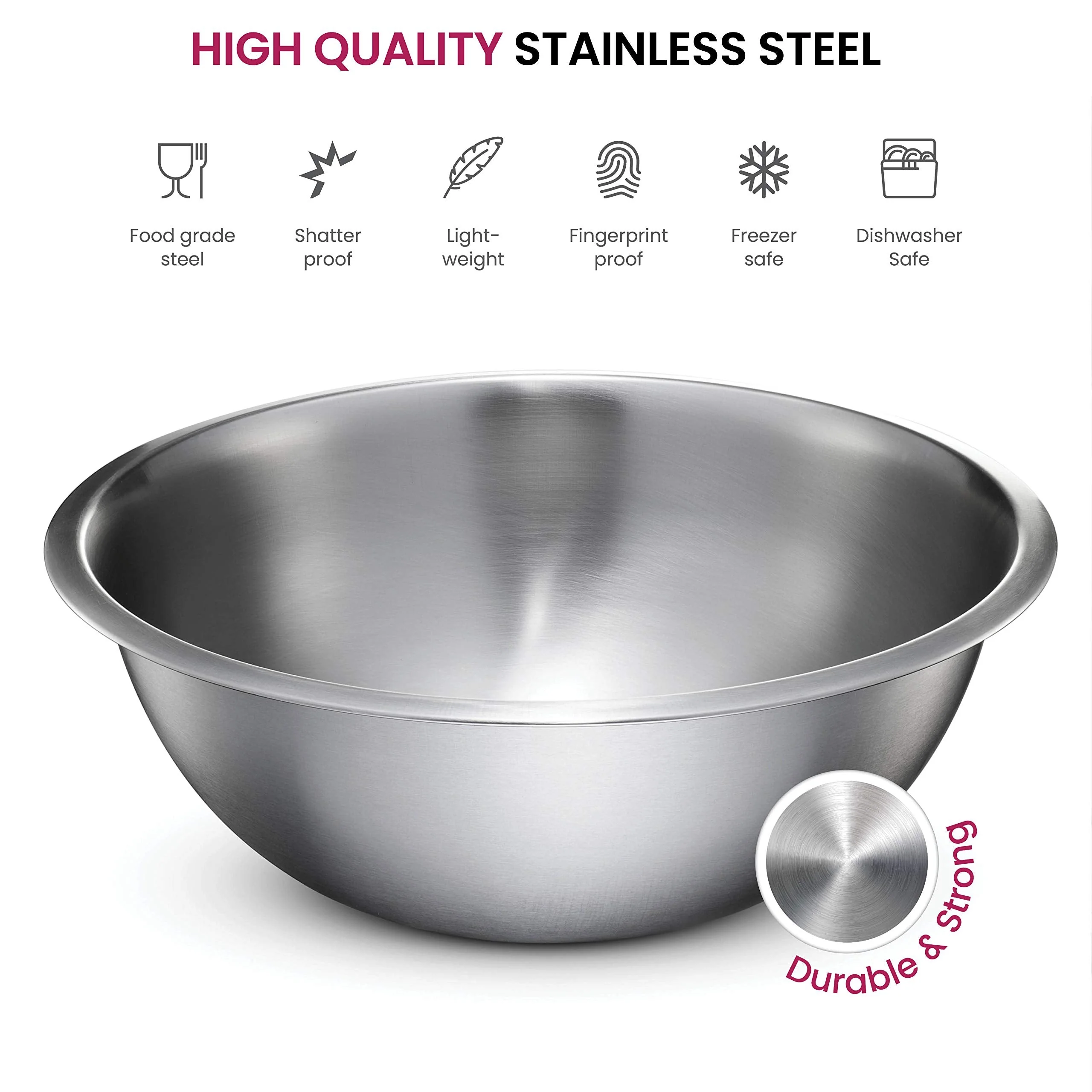 FineDine Stainless Steel Mixing Bowls (Set of 5) Stainless Steel Mixing Bowl Set - Easy To Clean, Nesting Bowls for Space Saving Storage, Great for Cooking, Baking, Prepping - Image 3