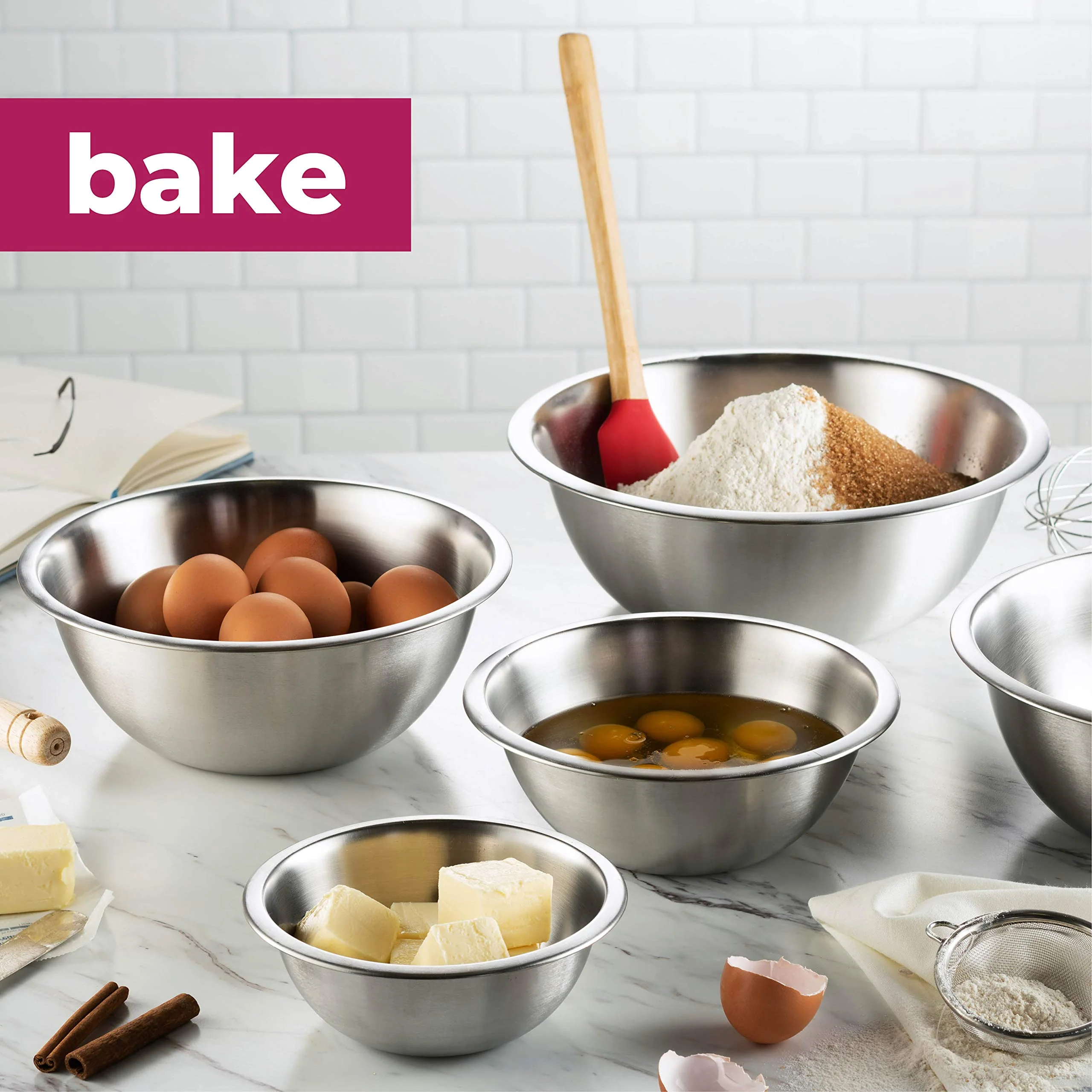 FineDine Stainless Steel Mixing Bowls (Set of 5) Stainless Steel Mixing Bowl Set - Easy To Clean, Nesting Bowls for Space Saving Storage, Great for Cooking, Baking, Prepping - Image 4