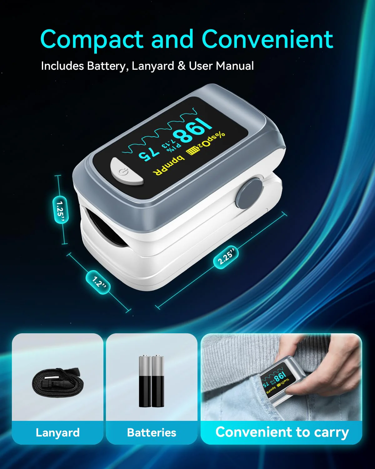 Fingertip Pulse Oximeter Blood Oxygen Monitor Finger for Adult & Children Portable Oxygen Level Monitor with OLED Screen Included 2 X AAA Batteries and Lanyard - Image 4