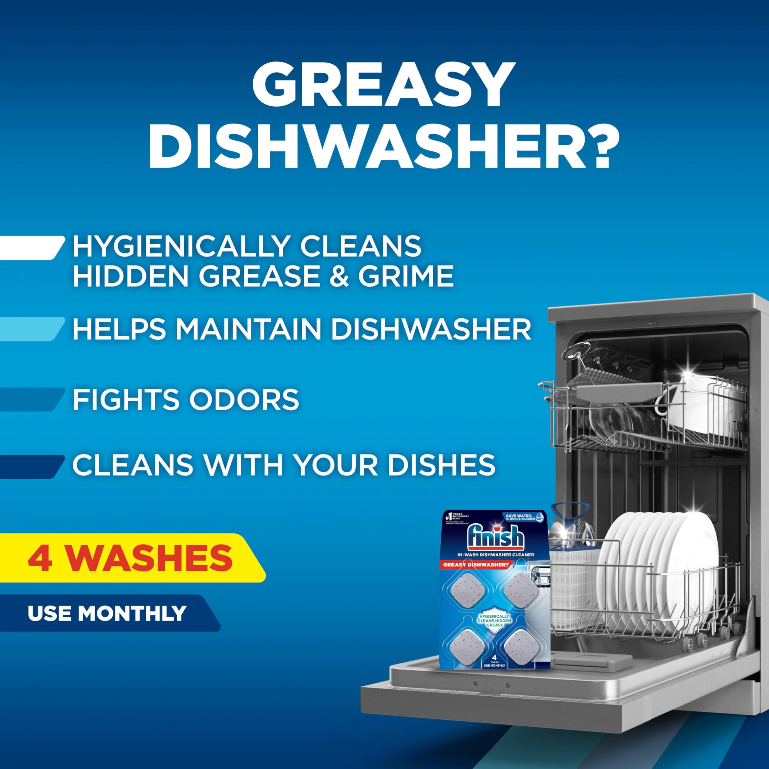 Finish Dishwasher Cleaner Tablets, Deep Cleans Hidden Grease & Grime, Fights Odors, No Extra Wash Cycle, Helps Maintain Dishwasher, 4 Month Supply, 4 Count - Image 2