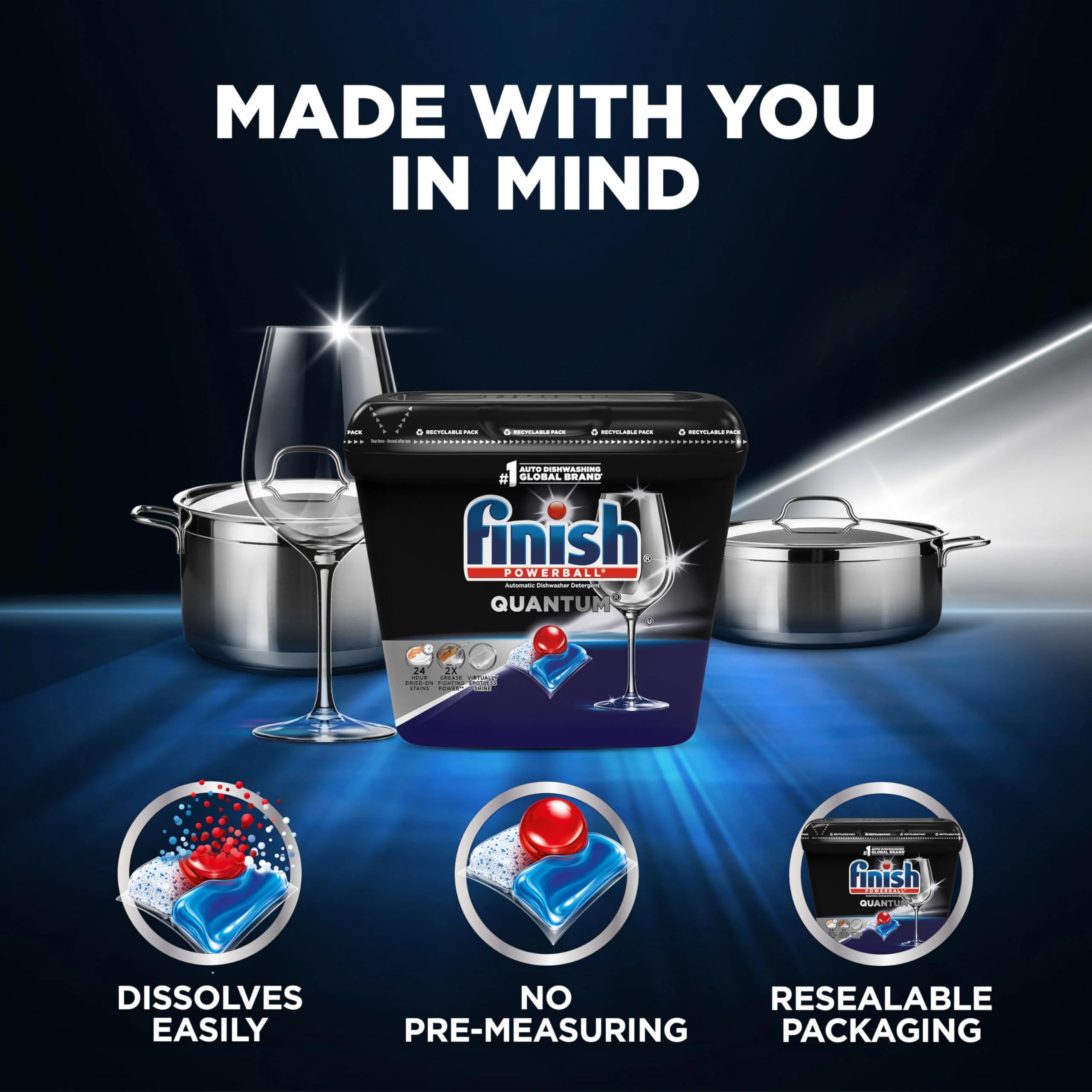 Finish Quantum Dishwasher Pods, No Pre-Rinse Dishwasher Detergent Soap Removes 24HR Dried-On Stain and Grease, Leaving a Virtually Spotless Shine, 82 Count - Image 7