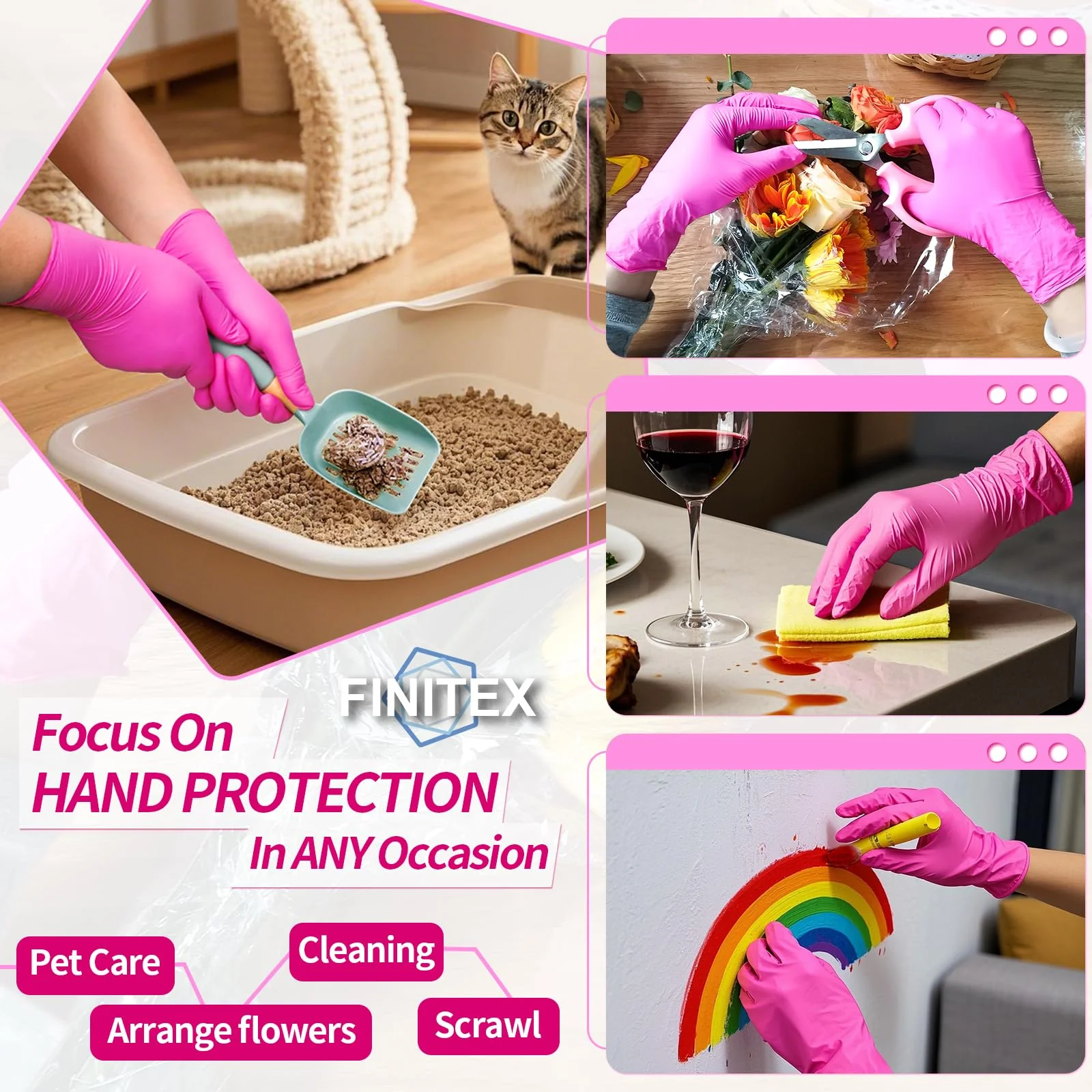 FINITEX Nitrile Disposable Latex-Free Gloves - 1000PCS/Case Powder-Free Guantes de Nitrilo Cleaning Medical Exam Food Cooking Gloves Rose Red(Small) - Image 9