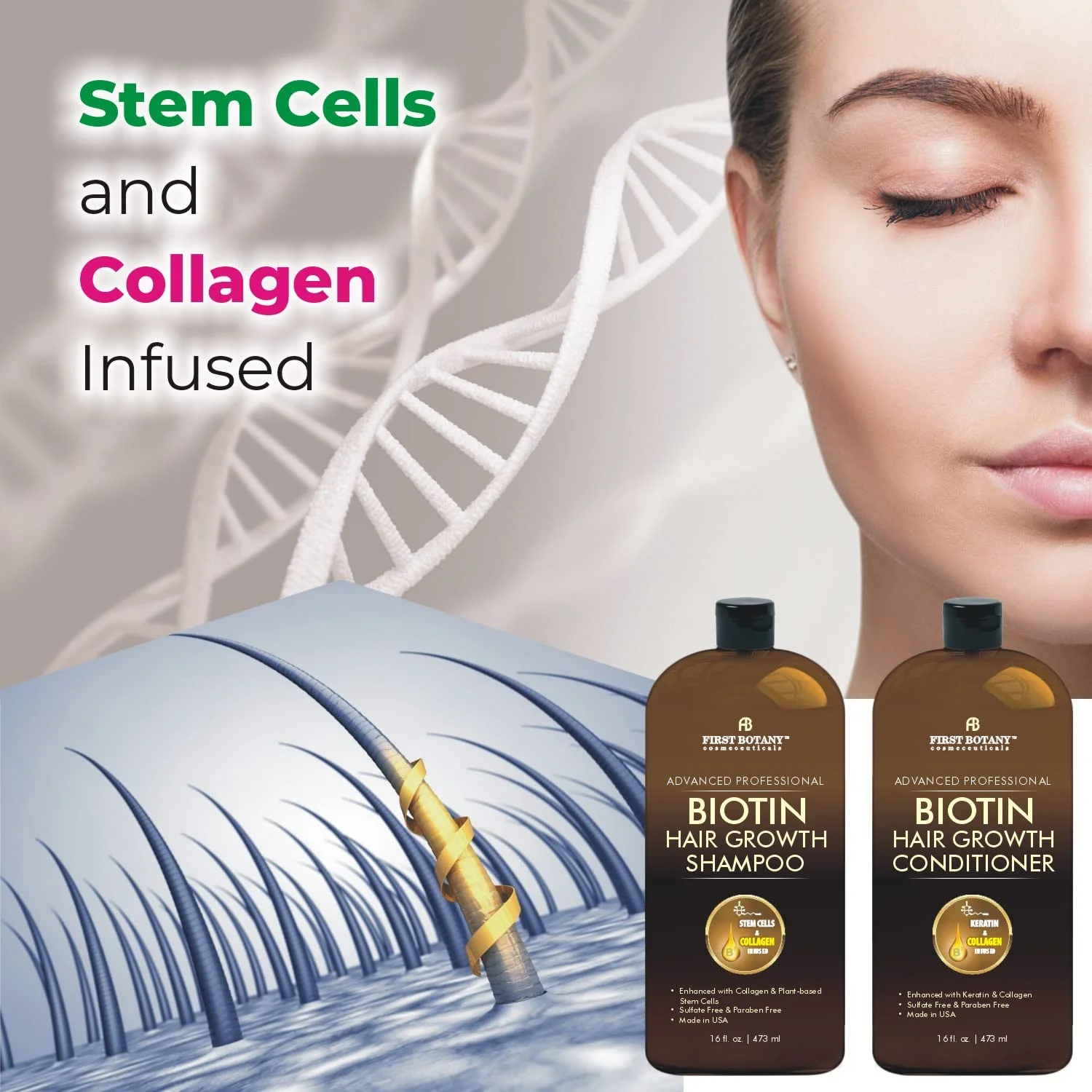 First Botany, Biotin Hair Growth Shampoo Conditioner Anti Hair Loss Thickening formula Collagen & Stem Cell For Hair Regrowth Anti Thinning Sulfate Free For Men Women Anti Dandruff Treatment 16 oz x2 - Image 6