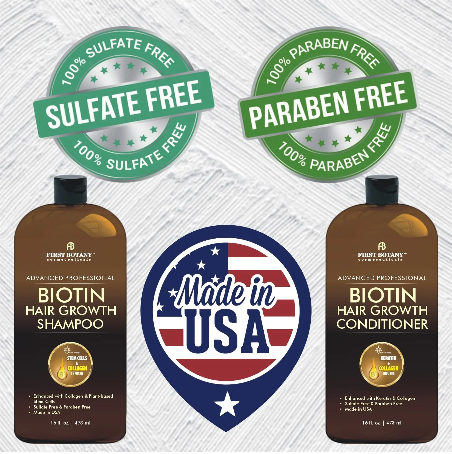 First Botany, Biotin Hair Growth Shampoo Conditioner Anti Hair Loss Thickening formula Collagen & Stem Cell For Hair Regrowth Anti Thinning Sulfate Free For Men Women Anti Dandruff Treatment 16 oz x2 - Image 7