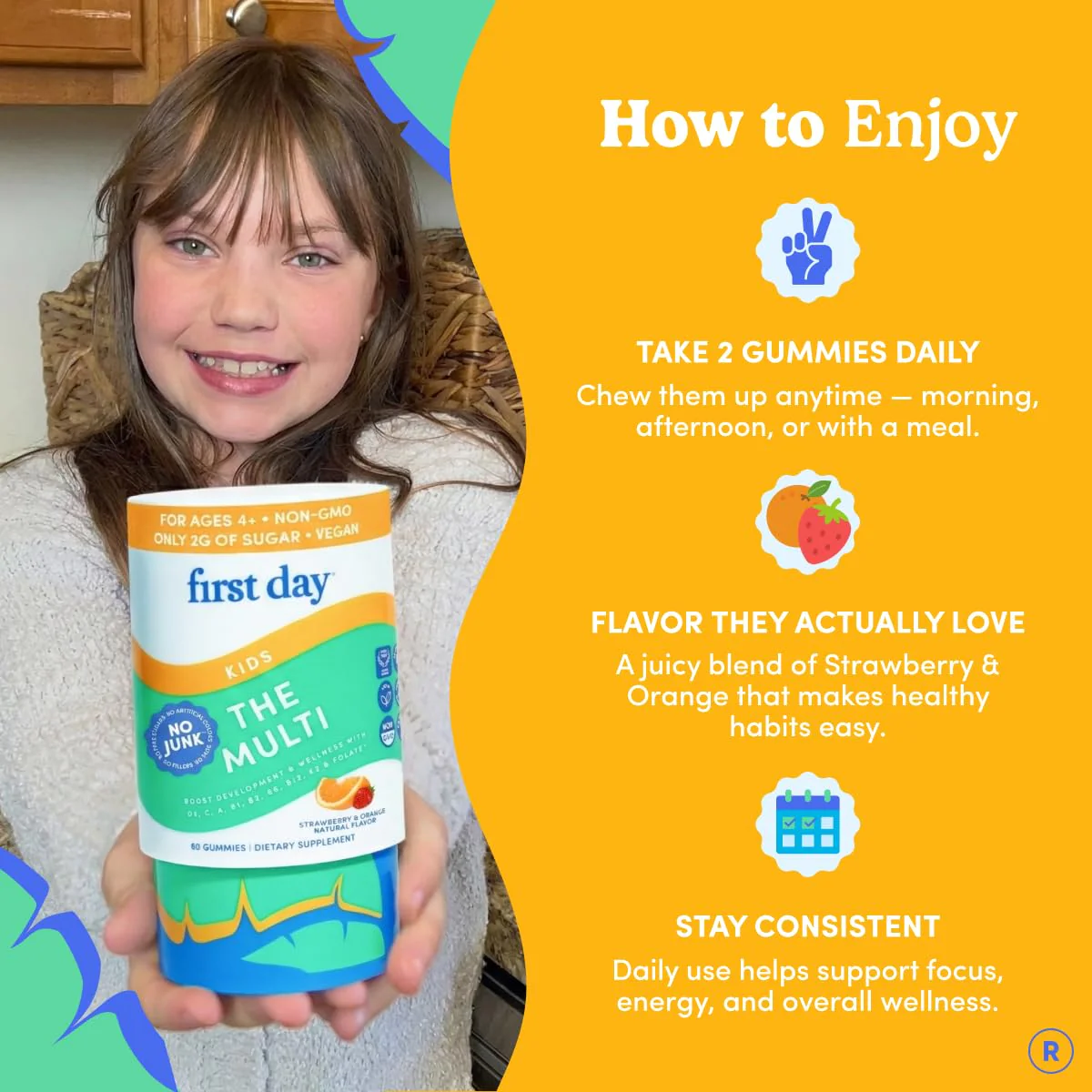 First Day Kids Multivitamin Gummies Age 4+, Strawberry & Orange - Kids Vitamins Multivitamin Gummy A C D3 K2 B1 B2 B6 B12 Folate, Immunity & Brain Function, Vegan - 30 Day Supply, Packaging May Vary - Image 9