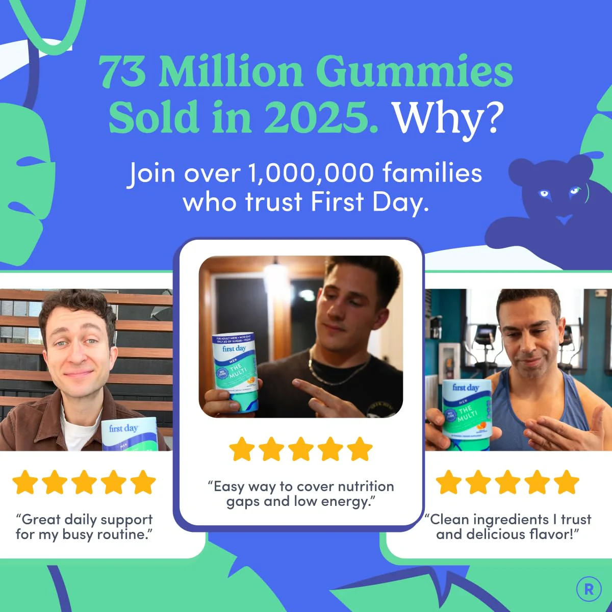 FIRST DAY Multivitamin for Men + Organic Fruit & Veggie Blend, Mens Multivitamins Gummies with 13 Key Nutrients for Energy, Focus, Immunity - Vitamins A, B1, B2, B6, B9, B12, C, D3, K - 30 Day Supply - Image 2