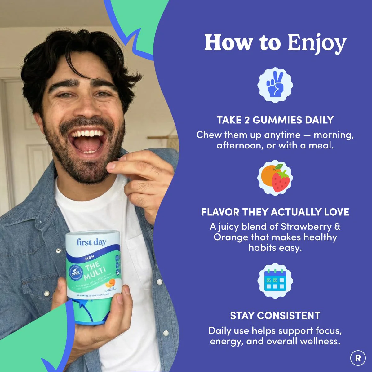 FIRST DAY Multivitamin for Men + Organic Fruit & Veggie Blend, Mens Multivitamins Gummies with 13 Key Nutrients for Energy, Focus, Immunity - Vitamins A, B1, B2, B6, B9, B12, C, D3, K - 30 Day Supply - Image 3