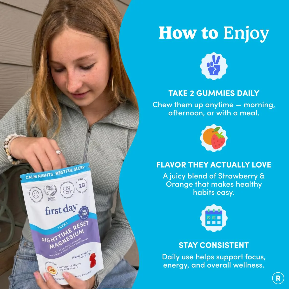 First Day Teens’ Nighttime Reset Calming Magnesium Gummies – Sleep Aid Supports Peaceful Rest, Balanced Mood & Energy – Supplement with Magnesium Citrate, Affron & No Melatonin – 30-Day Supply - Image 3
