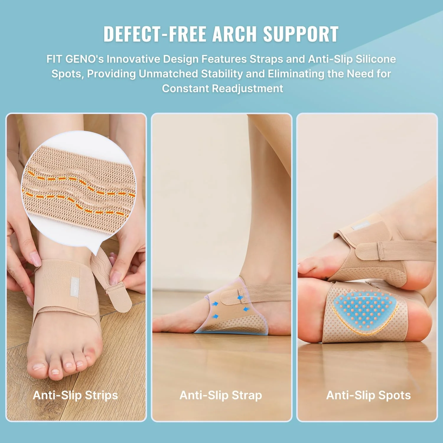 Fit Geno Arch Support for Plantar Fasciitis Pain Relief - Upgraded Non-Slip barefoot arch support for women - Adjustable Compression brace w/Gel Pads for Flat Feet High & Fallen Arch, Nude - Image 3