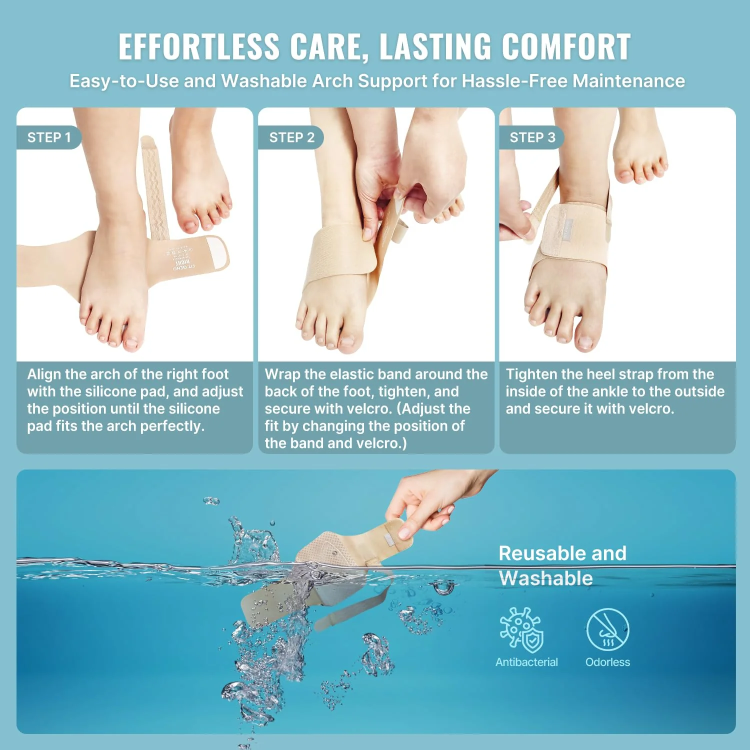 Fit Geno Arch Support for Plantar Fasciitis Pain Relief - Upgraded Non-Slip barefoot arch support for women - Adjustable Compression brace w/Gel Pads for Flat Feet High & Fallen Arch, Nude - Image 7