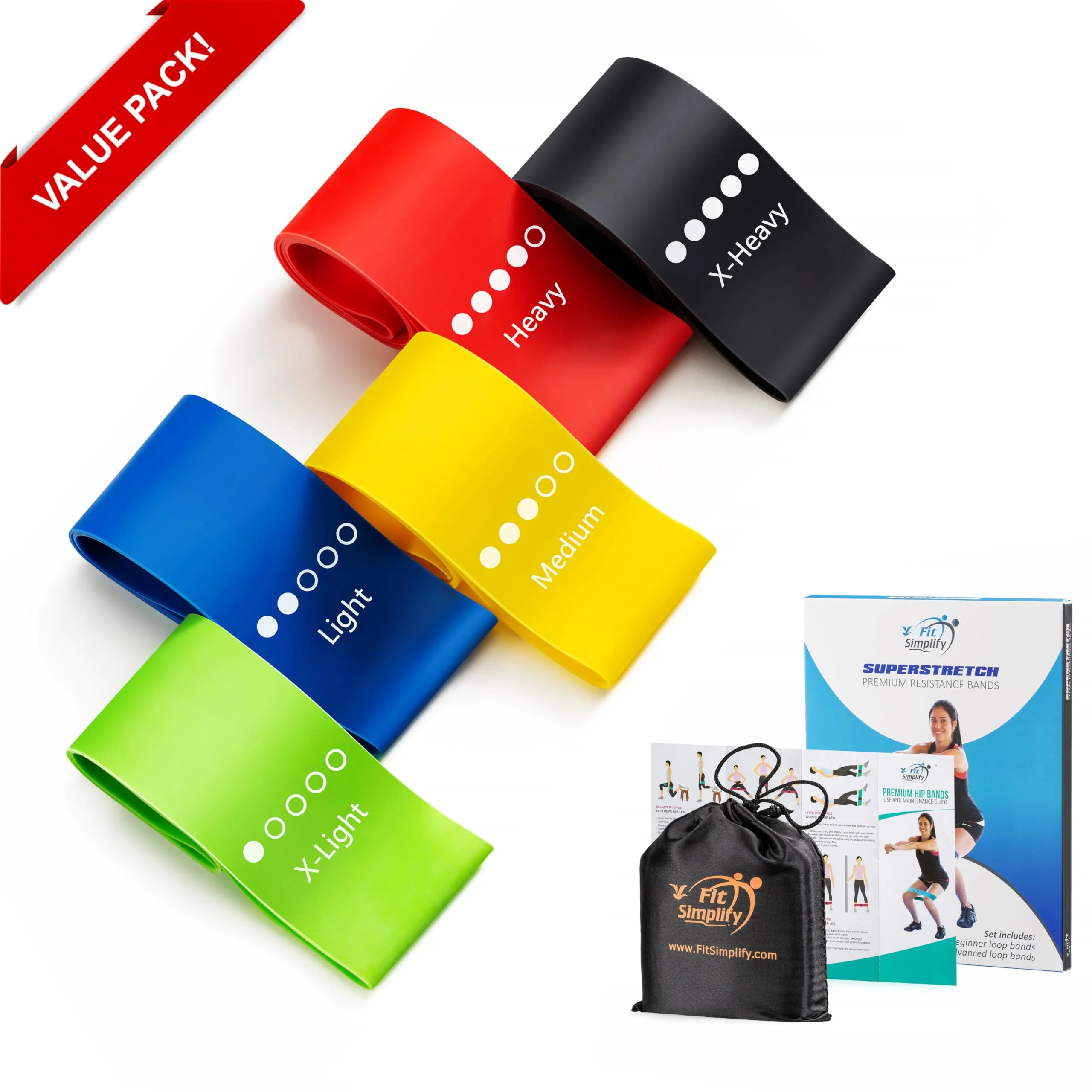 Fit Simplify Resistance Loop Exercise Bands with Instruction Guide and Carry Bag, Set of 5 - Image 5