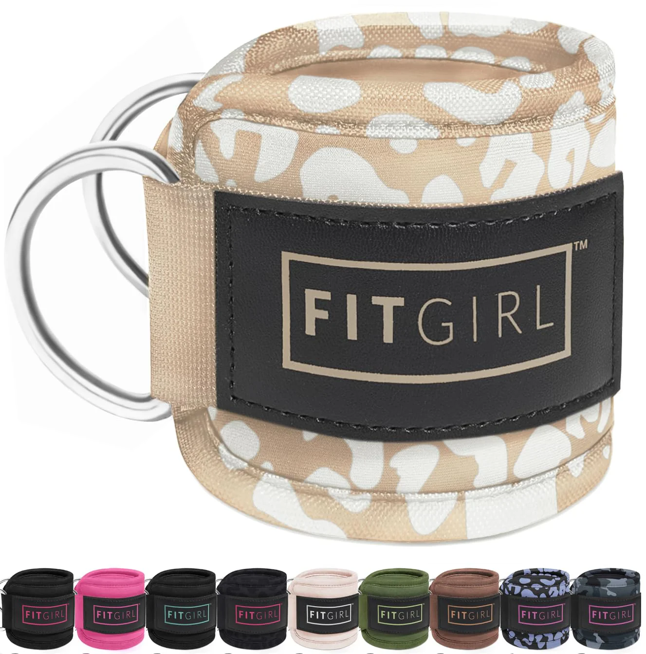 FITGIRL - Ankle Strap (Pair) for Cable Machines and Resistance Bands, Work Out Cuff Attachment for Home & Gym, Glute Workouts - Kickbacks, Leg Extensions, Hip Abductors, Women Only (Beige Leopard)