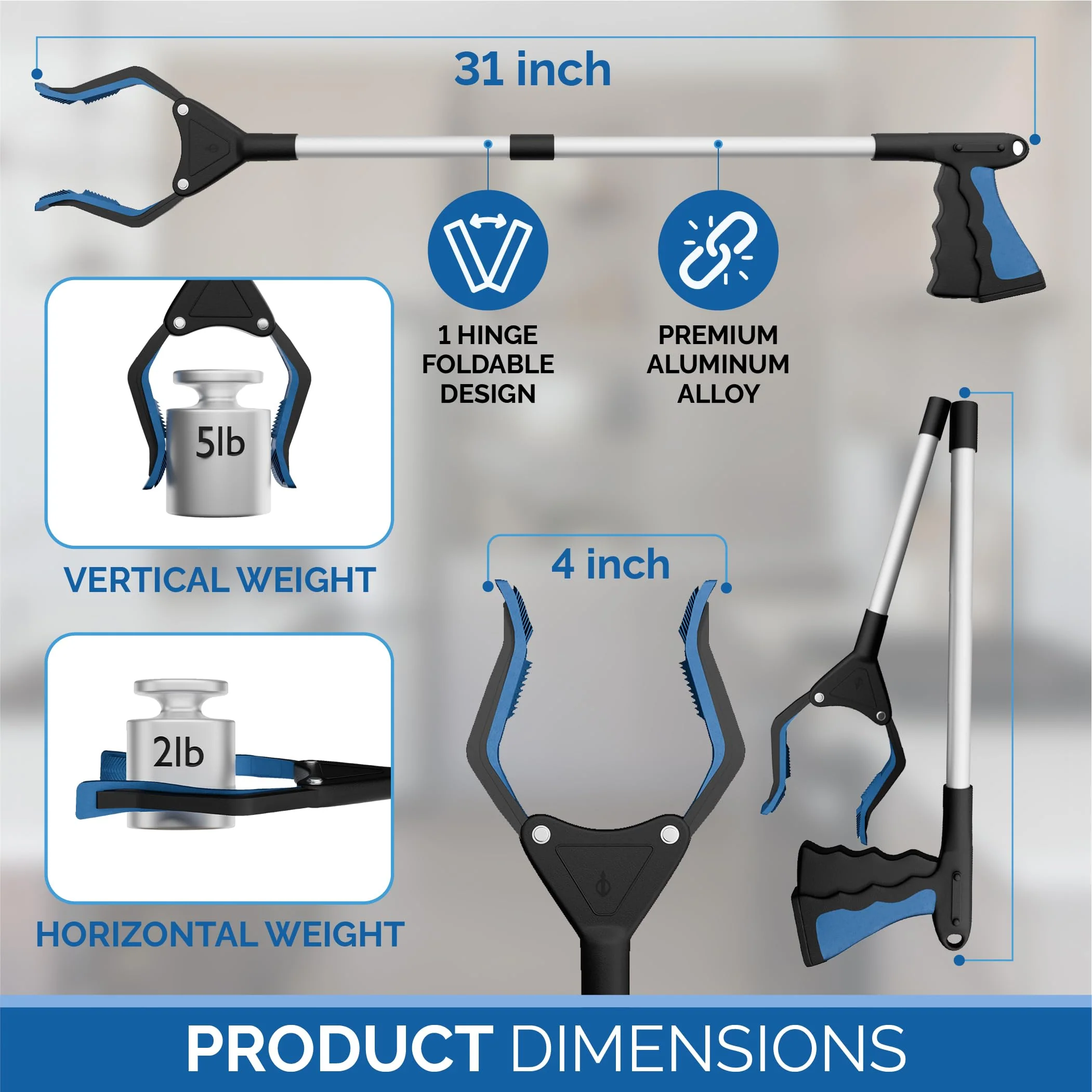 FitPlus 2024 Upgrade PowerGrip T9, Grabber Reacher Tool, Wide Jaw, Foldable, Steel Cable, with 96 Grip Points for Firm Grip, 32" with Magnet (Gray, 32 Inch) - Image 4