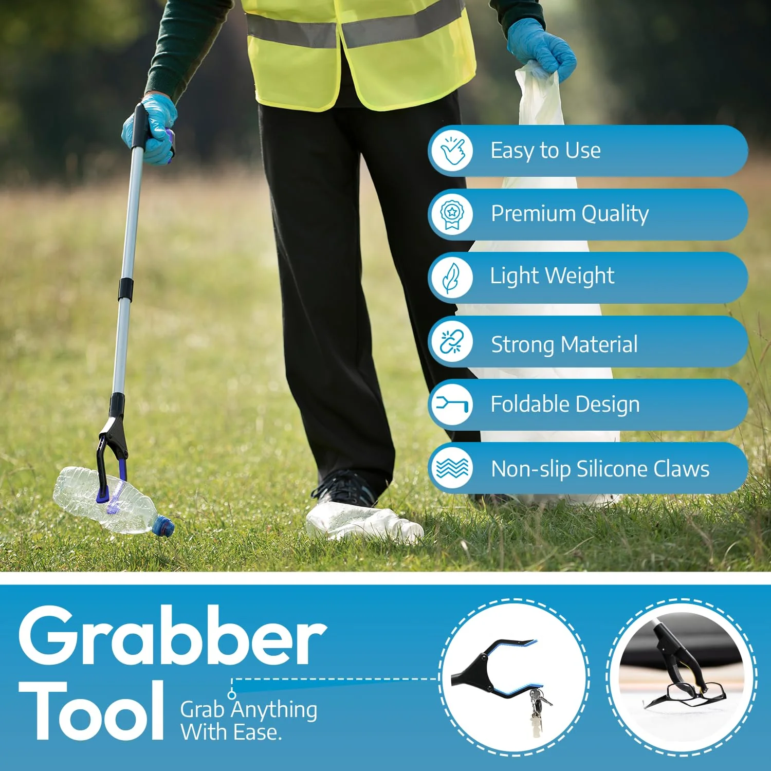 FitPlus 2024 Upgrade PowerGrip T9, Grabber Reacher Tool, Wide Jaw, Foldable, Steel Cable, with 96 Grip Points for Firm Grip, 32" with Magnet (Gray, 32 Inch) - Image 6