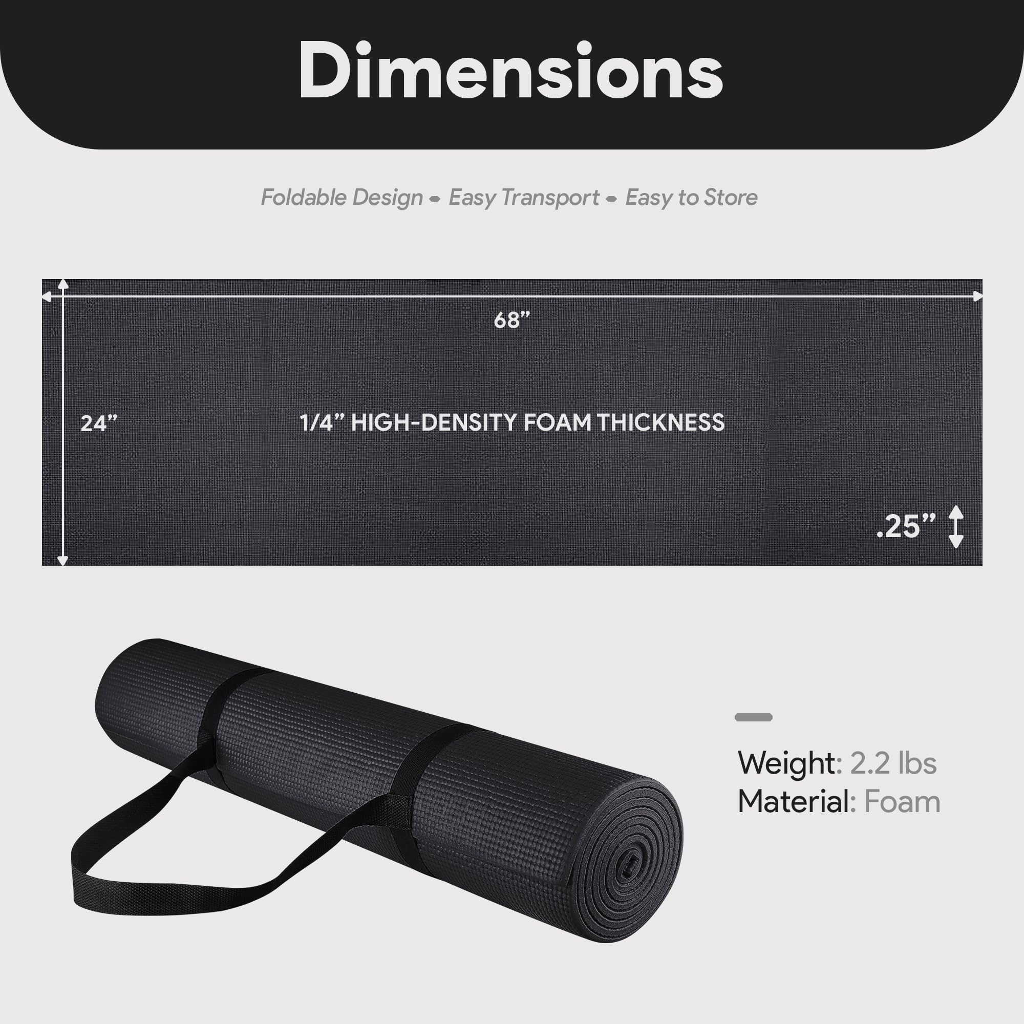 Fitvids 1/4-Inch High Density Thick Non Slip Yoga Mat with Knee Pad and Carrying Strap for Workout, Pilates, Gym Home Exercise, Black - Image 7