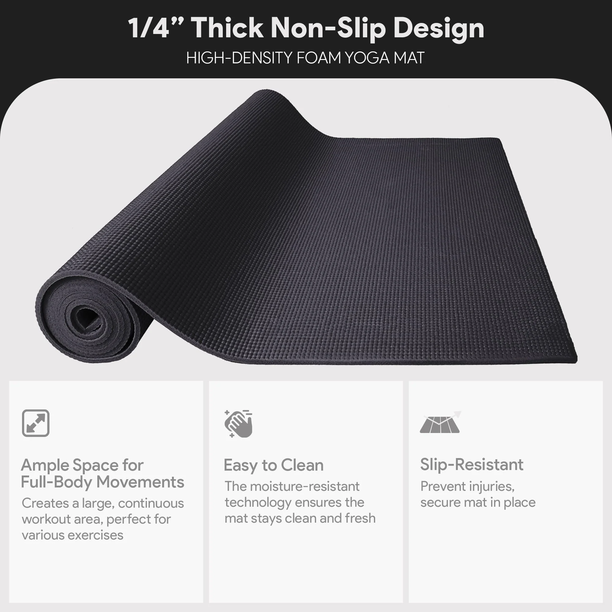 Fitvids 1/4-Inch High Density Thick Non Slip Yoga Mat with Knee Pad and Carrying Strap for Workout, Pilates, Gym Home Exercise, Black - Image 9