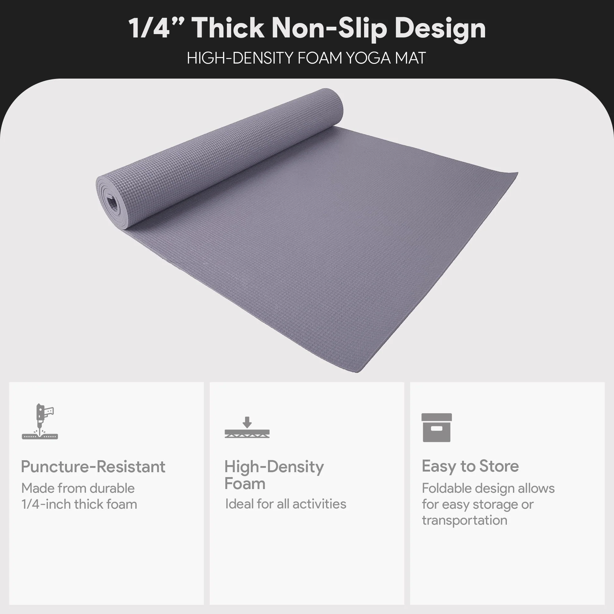 Fitvids 1/4-Inch High Density Thick Non Slip Yoga Mat with Knee Pad and Carrying Strap for Workout, Pilates, Gym Home Exercise, Grey - Image 10