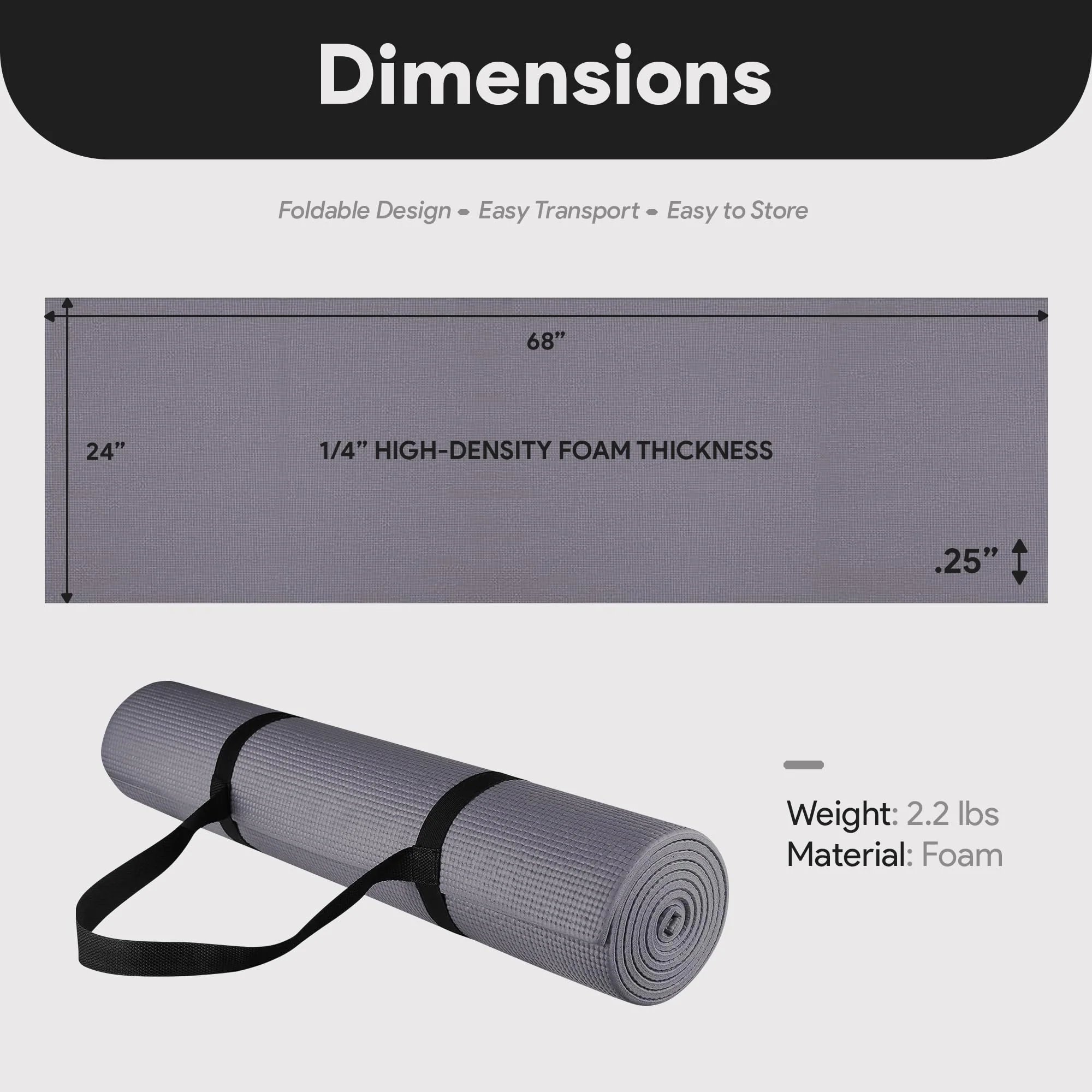 Fitvids 1/4-Inch High Density Thick Non Slip Yoga Mat with Knee Pad and Carrying Strap for Workout, Pilates, Gym Home Exercise, Grey - Image 7