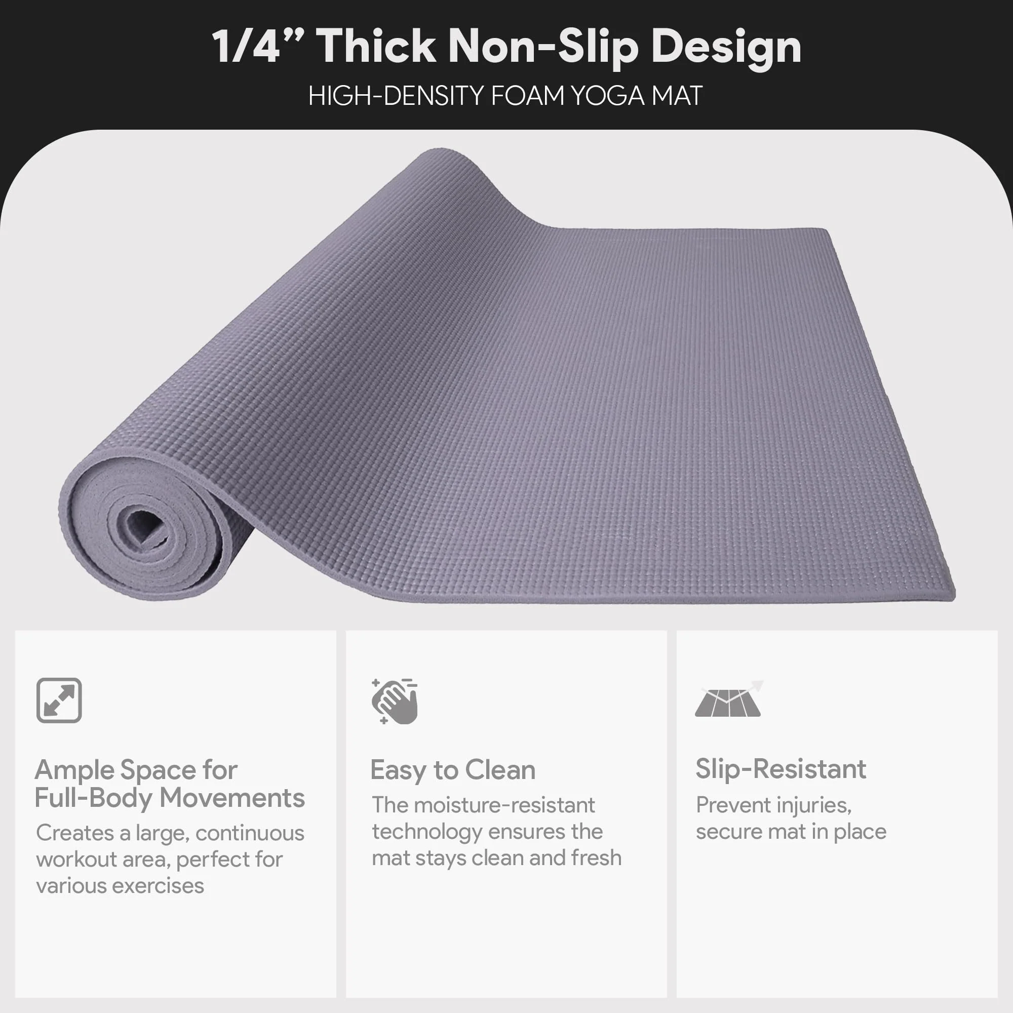 Fitvids 1/4-Inch High Density Thick Non Slip Yoga Mat with Knee Pad and Carrying Strap for Workout, Pilates, Gym Home Exercise, Grey - Image 9