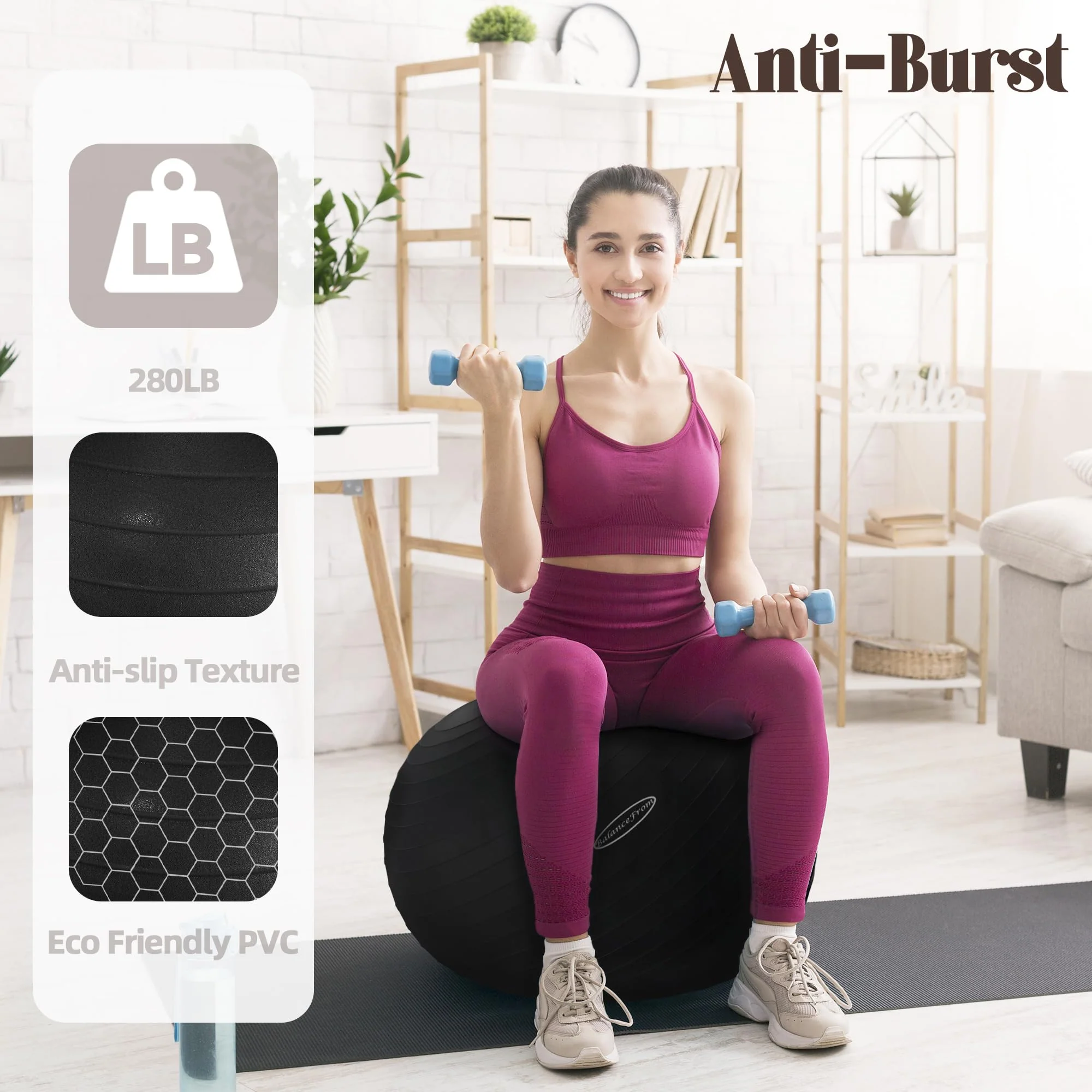 Fitvids Anti-Burst and Slip Resistant Exercise Ball Yoga Ball Fitness Ball Birthing Ball with Quick Pump, 2,000-Pound Capacity, Black, 18-inch, S - Image 5