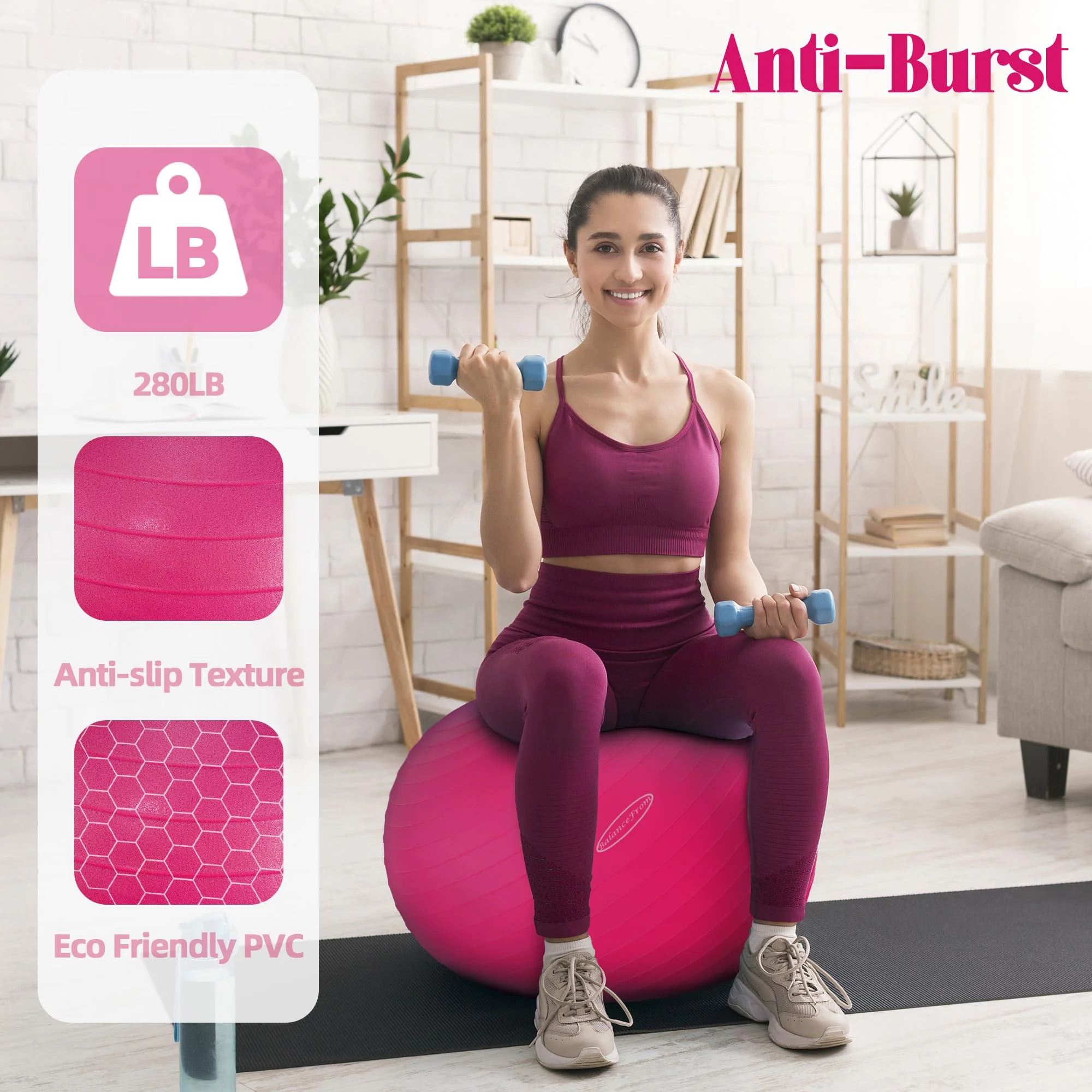 Fitvids Anti-Burst and Slip Resistant Exercise Ball Yoga Ball Fitness Ball Birthing Ball with Quick Pump, 2,000-Pound Capacity, Pink, 22-inch, M - Image 5