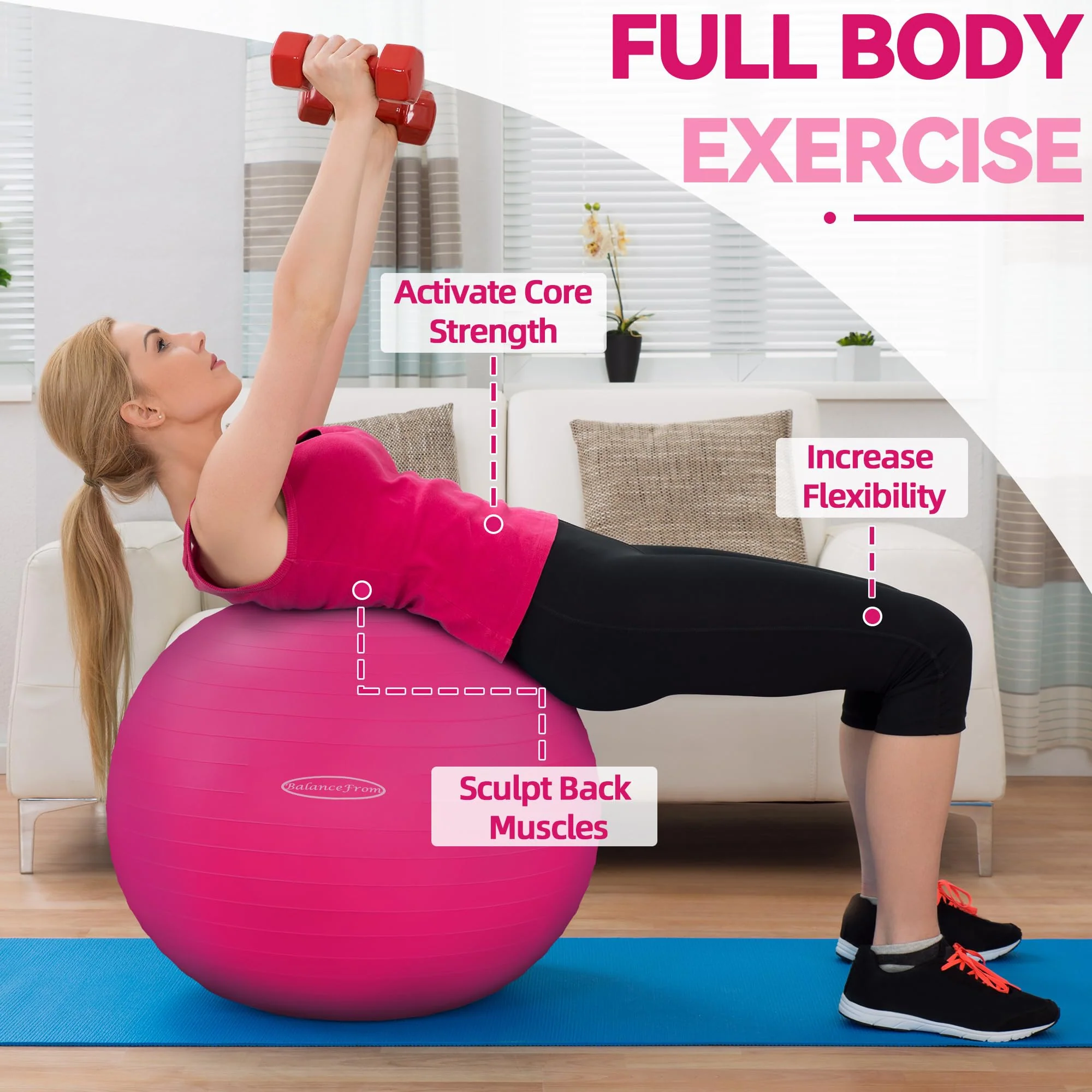Fitvids Anti-Burst and Slip Resistant Exercise Ball Yoga Ball Fitness Ball Birthing Ball with Quick Pump, 2,000-Pound Capacity, Pink, 22-inch, M - Image 6