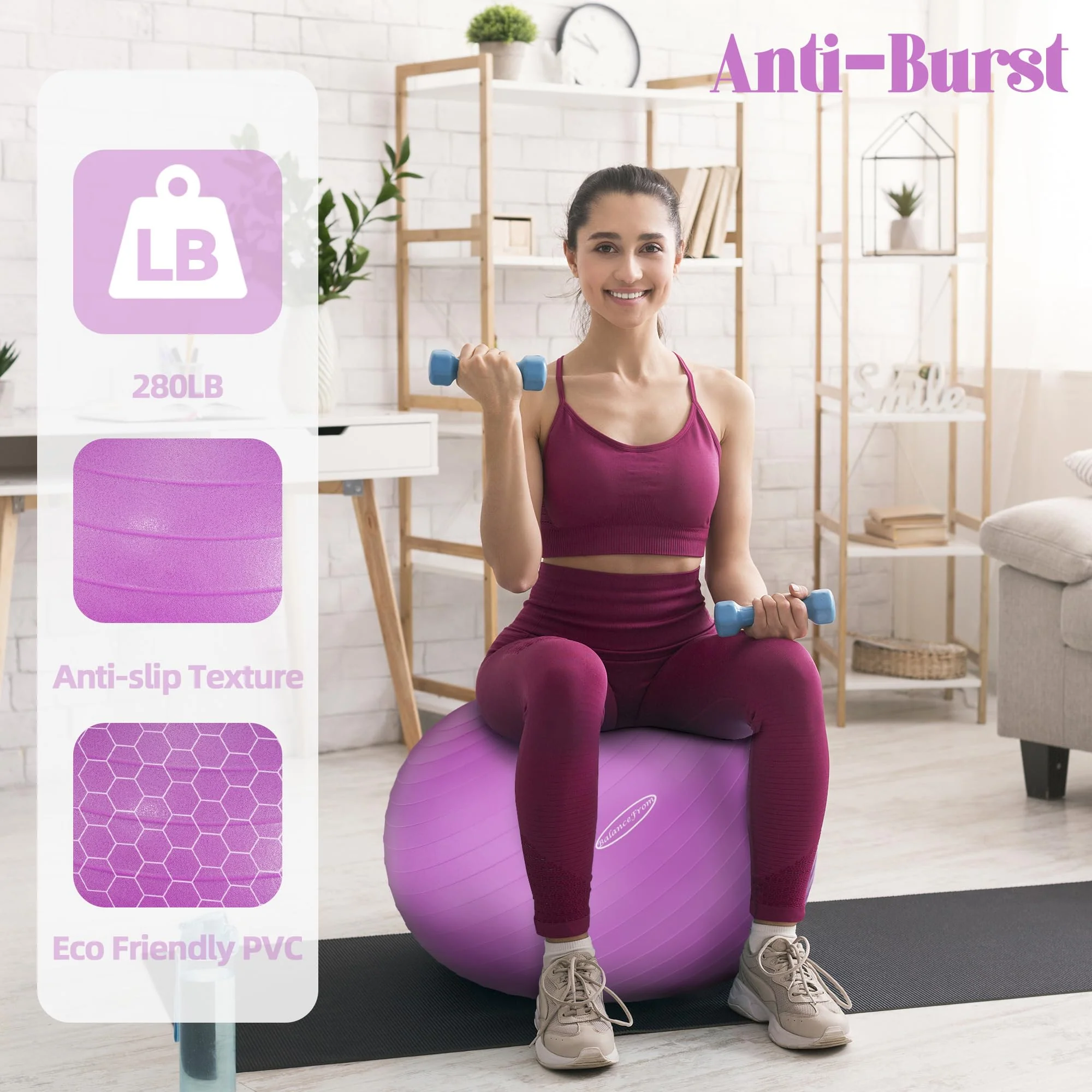 Fitvids Anti-Burst and Slip Resistant Exercise Ball Yoga Ball Fitness Ball Birthing Ball with Quick Pump, 2,000-Pound Capacity, Purple, 30-inch, XL - Image 5