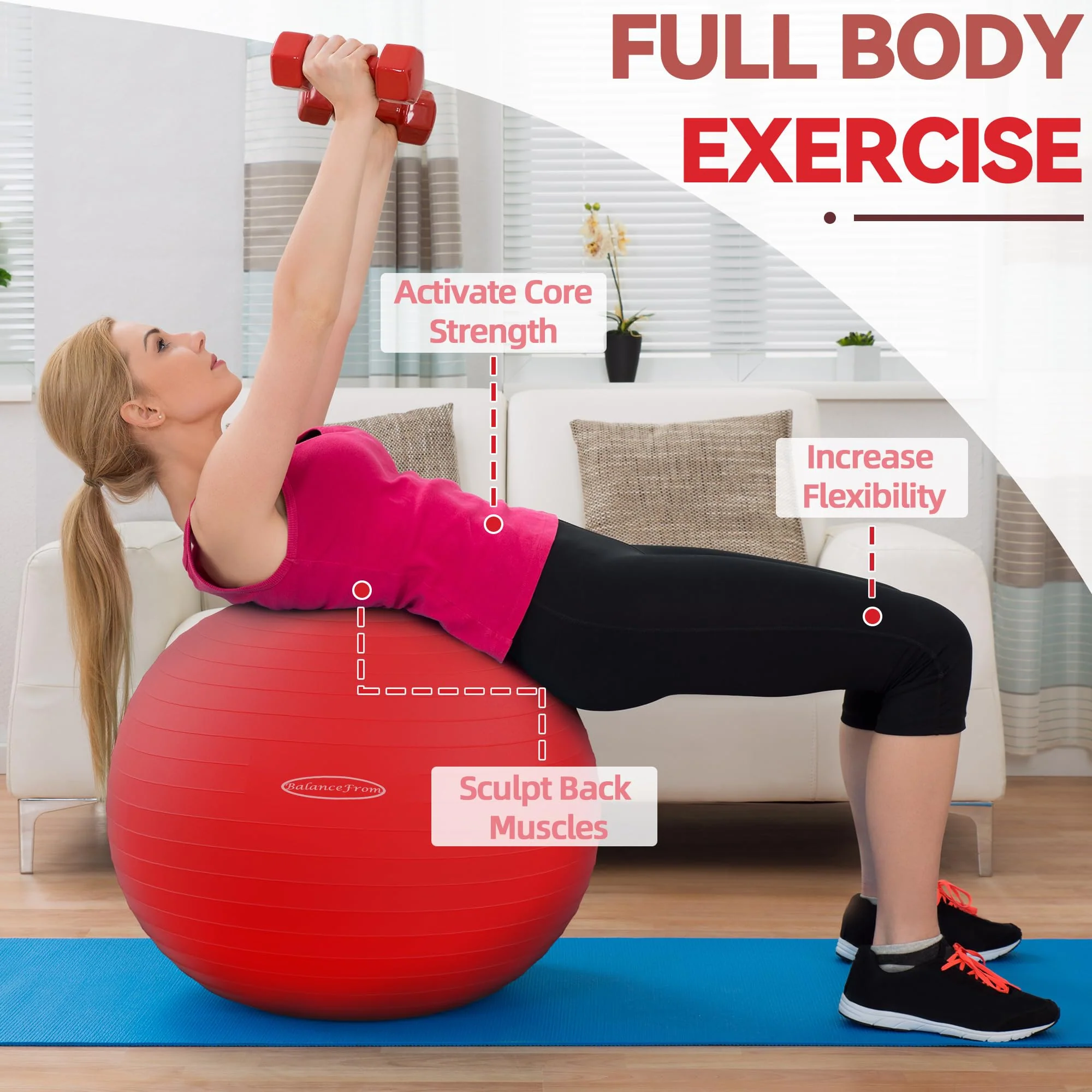 Fitvids Anti-Burst Slip Resistant Exercise Ball - 18-inch, 2,000-Pound Capacity, Red - Image 6