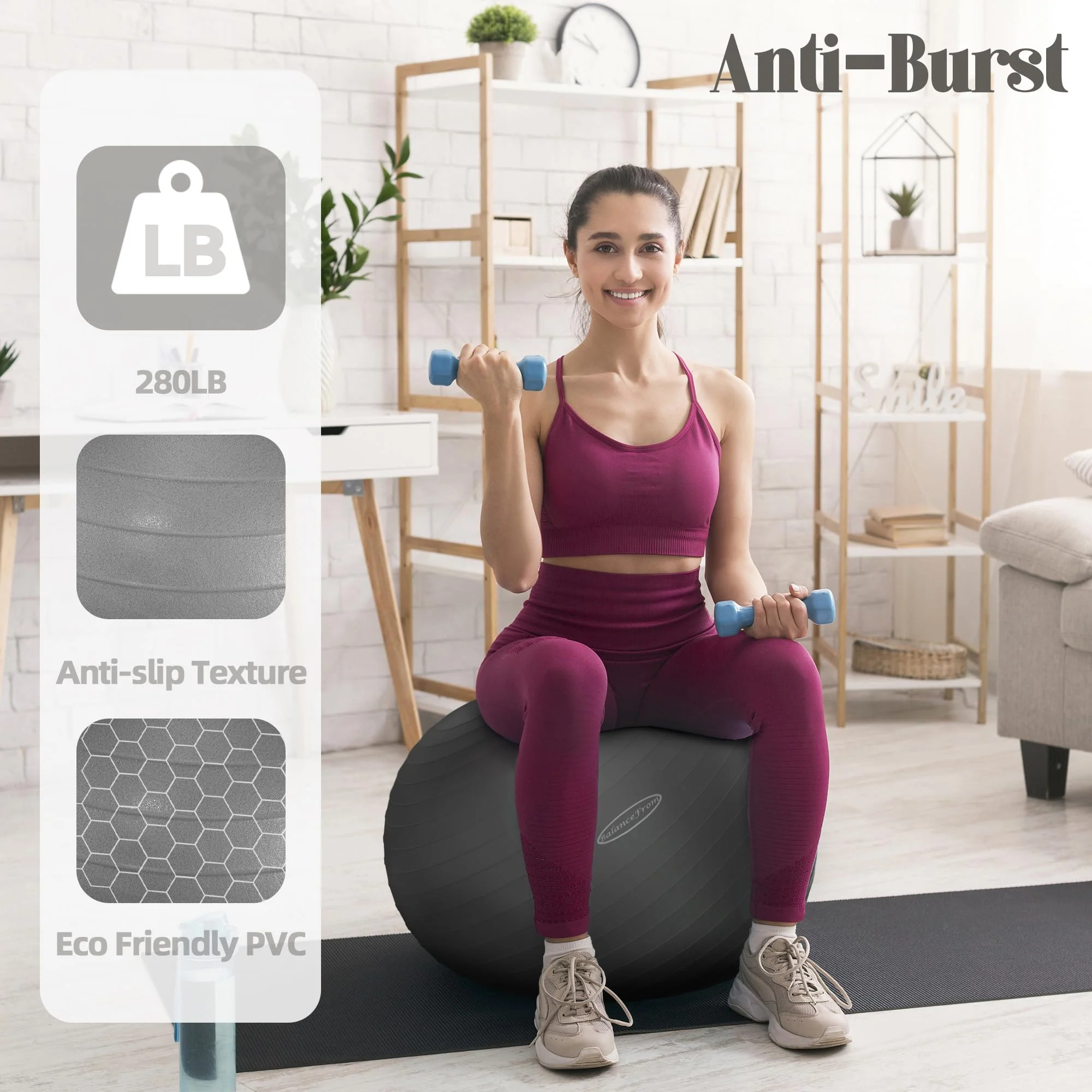 Fitvids Anti-Burst Slip Resistant Exercise Ball with Quick Pump, 2,000-Pound Capacity, 19-22 inch, M - Image 5
