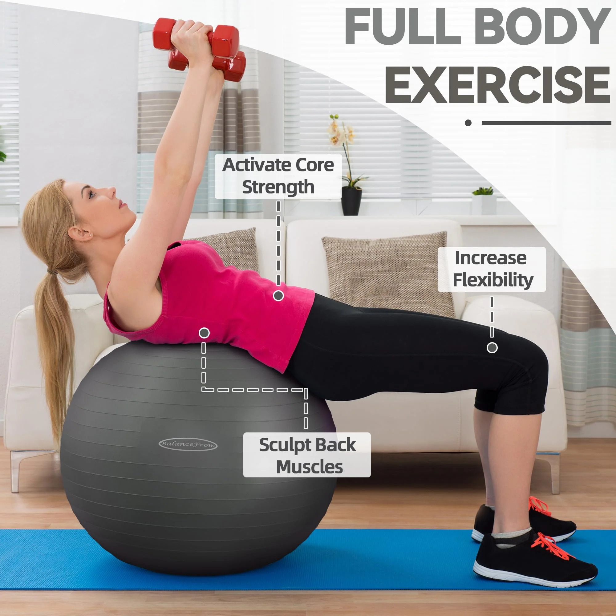 Fitvids Anti-Burst Slip Resistant Exercise Ball with Quick Pump, 2,000-Pound Capacity, 19-22 inch, M - Image 6