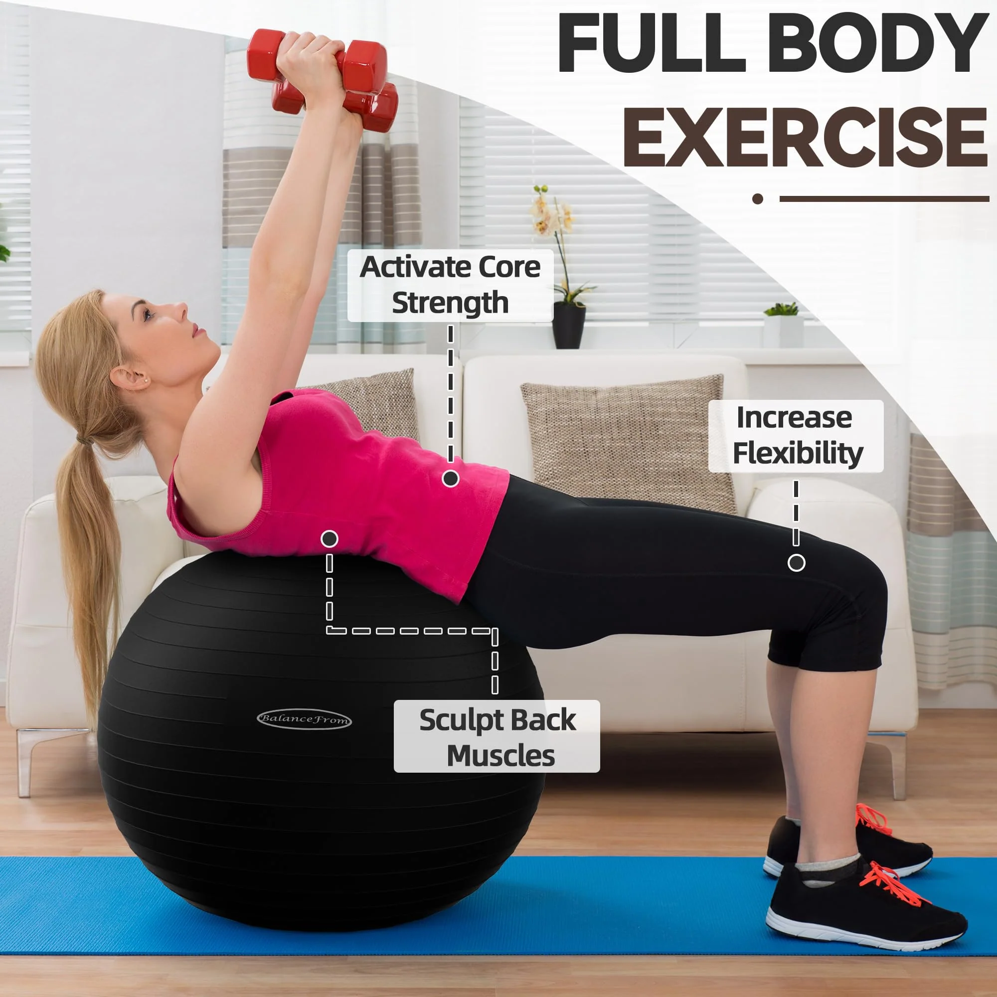 Fitvids Anti-Burst Slip Resistant Exercise Ball with Quick Pump, 2,000-Pound Capacity, Black, 19-22 inch, M - Image 6