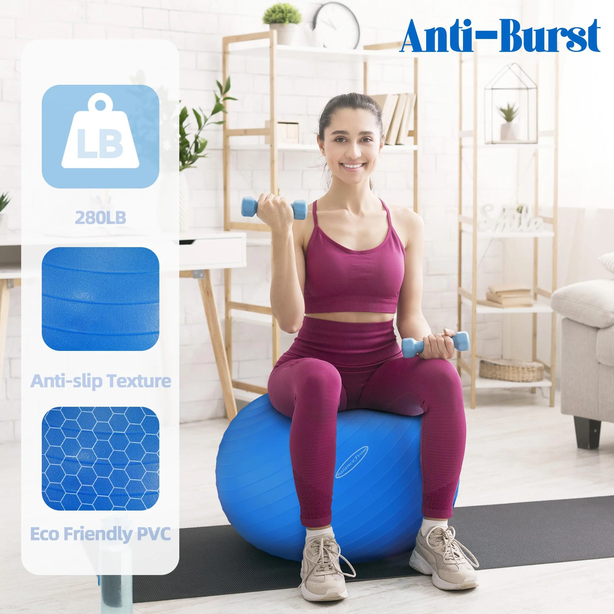 Fitvids Anti-Burst Slip Resistant Exercise Ball with Quick Pump, 2,000-Pound Capacity, Blue, 18-inch - Image 5