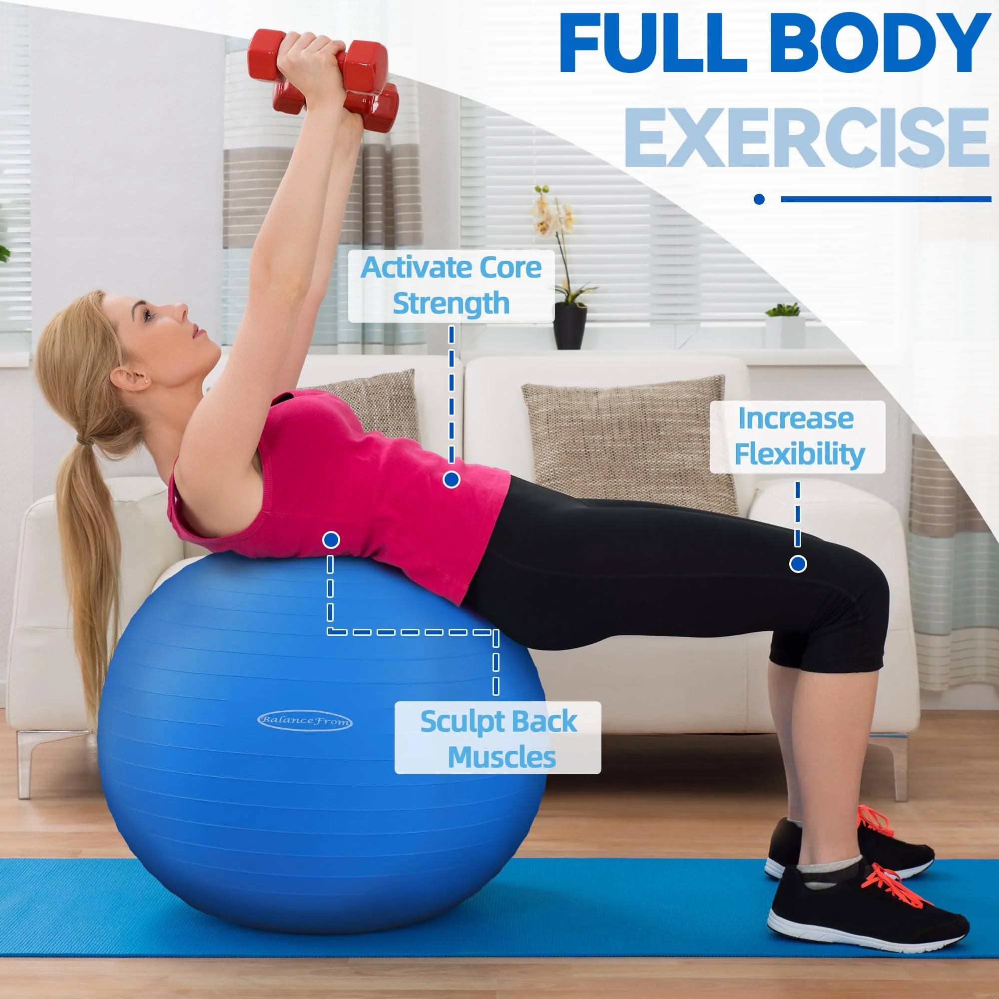 Fitvids Anti-Burst Slip Resistant Exercise Ball with Quick Pump, 2,000-Pound Capacity, Blue, 30-inch, XL - Image 6