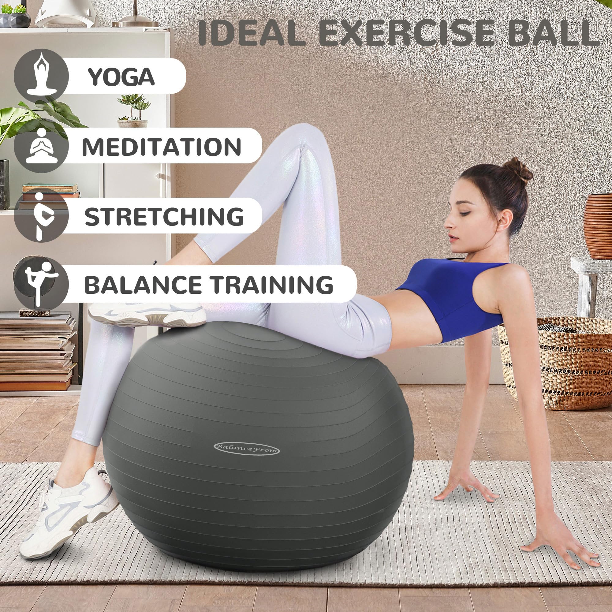 Fitvids Anti-Burst Slip Resistant Exercise Ball with Quick Pump, 2,000-Pound Capacity, Gray, 18-inch - Image 4
