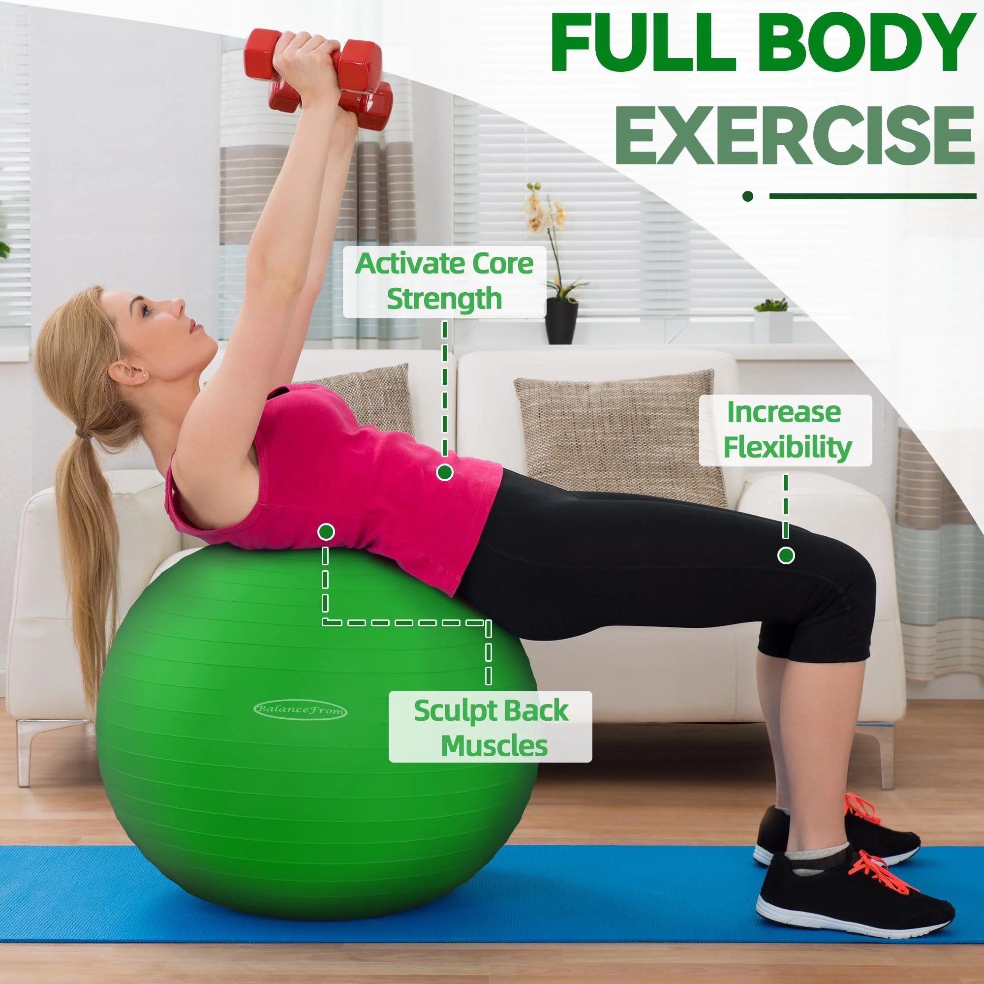 Fitvids Anti-Burst Slip Resistant Exercise Ball with Quick Pump, 2,000-Pound Capacity, Green, 30-inch, XL - Image 6