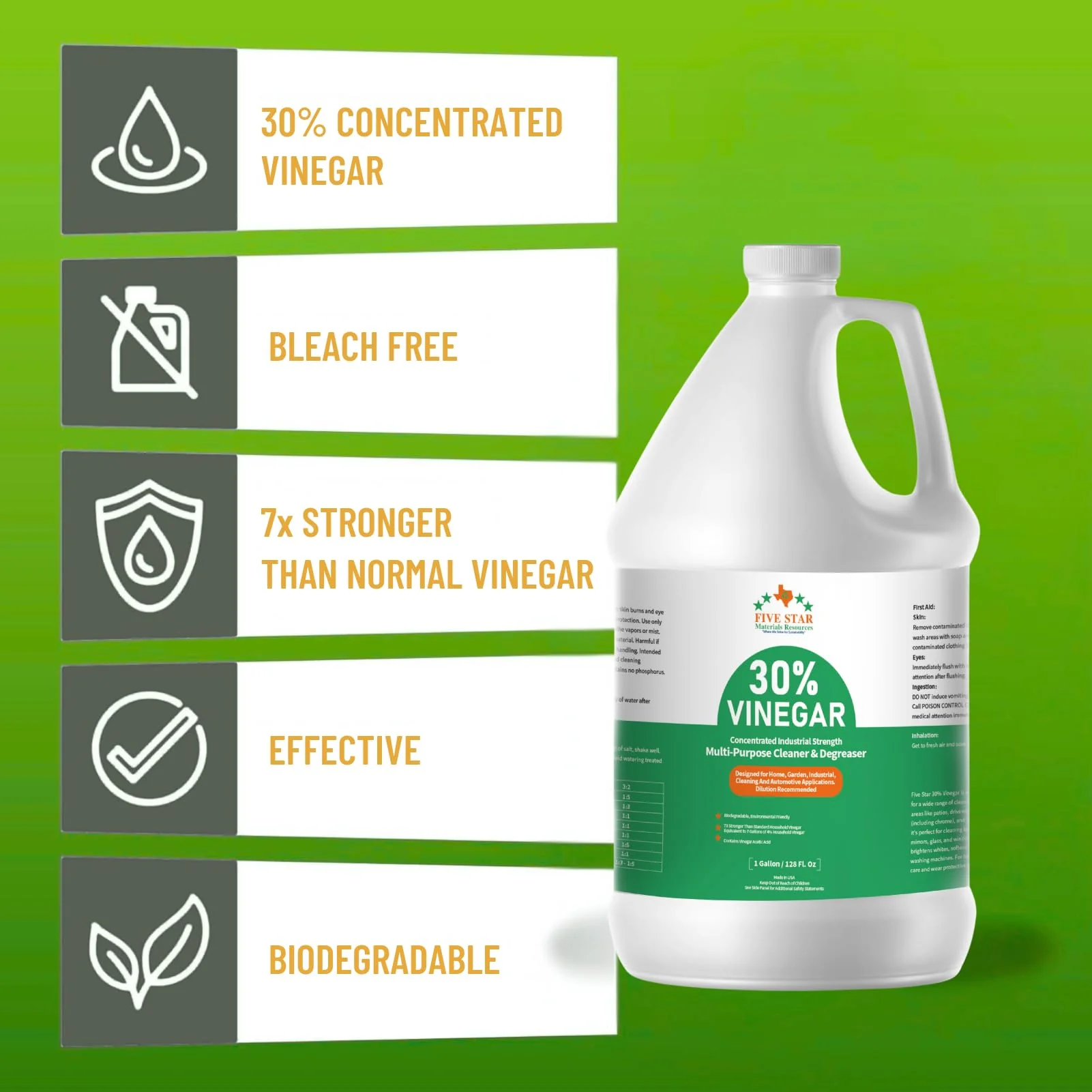 FIVE STAR MATERIALS RESOURCES 30% Vinegar Concentrated | White Vinegar for Cleaning and Garden | Home, and Outdoor Pure | Max Performance 7X Power | with Instructions | 4 Gallon (512 fl oz) - Image 4