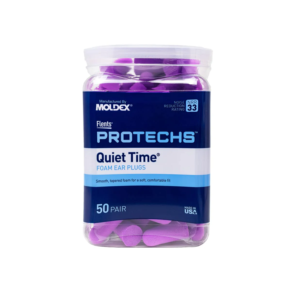 Flents Protechs Foam Ear Plugs, 50 Pair for Sleeping, Snoring, Loud Noise, Traveling, Concerts, Construction, Studying, Work, Shooting, NRR 33, Noise Cancelling, Disposable, Purple, Made in the USA - Image 2