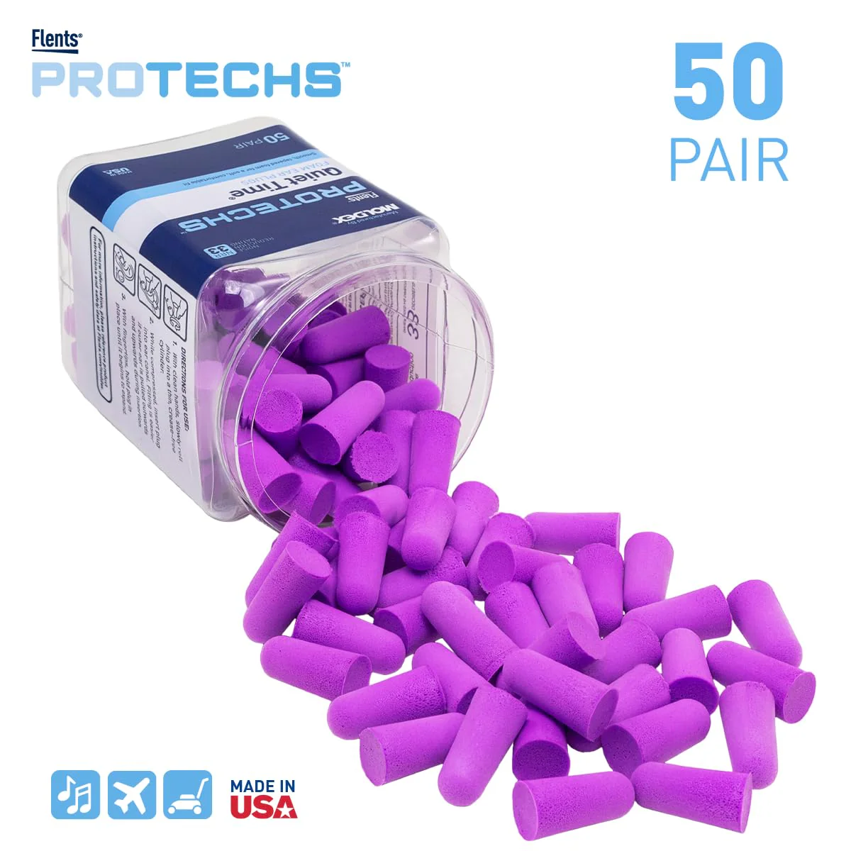 Flents Protechs Foam Ear Plugs, 50 Pair for Sleeping, Snoring, Loud Noise, Traveling, Concerts, Construction, Studying, Work, Shooting, NRR 33, Noise Cancelling, Disposable, Purple, Made in the USA - Image 3