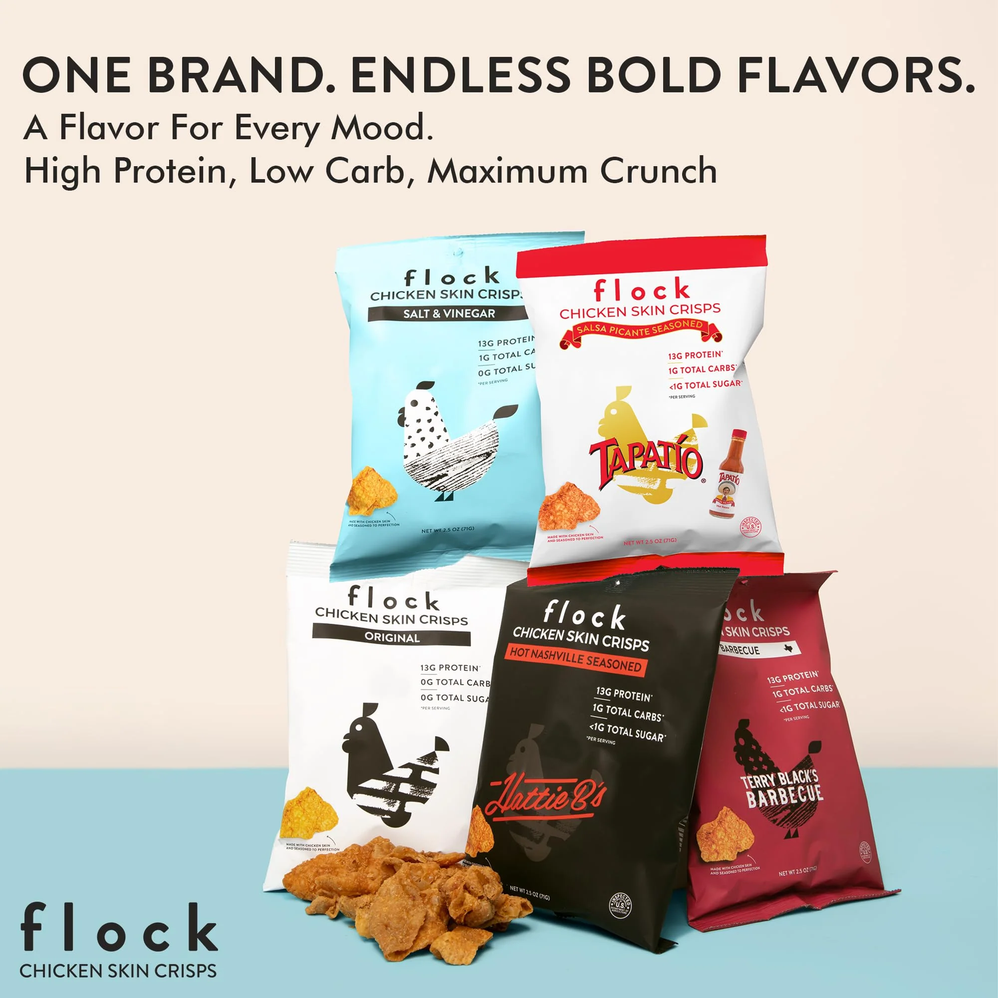 Flock Keto Chicken Skin Chips | Hattie Bs Nashville Hot Flavor | Keto Friendly, Low Carb, High Protein, Flavor Packed, Gluten Free Single Serve Snack | (2.5oz) 4-Pack