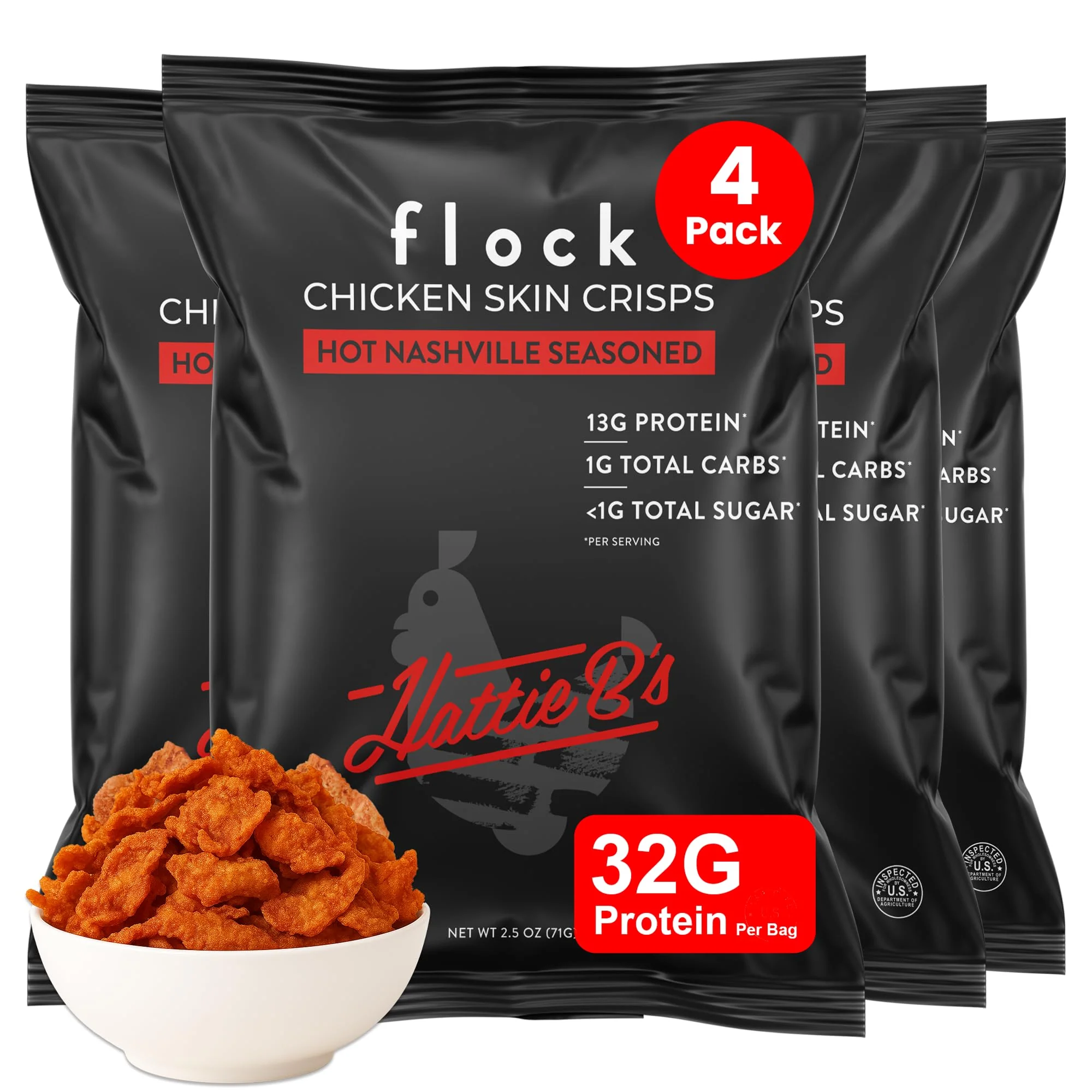 Flock Keto Chicken Skin Chips | Hattie Bs Nashville Hot Flavor | Keto Friendly, Low Carb, High Protein, Flavor Packed, Gluten Free Single Serve Snack | (2.5oz) 4-Pack - Image 2